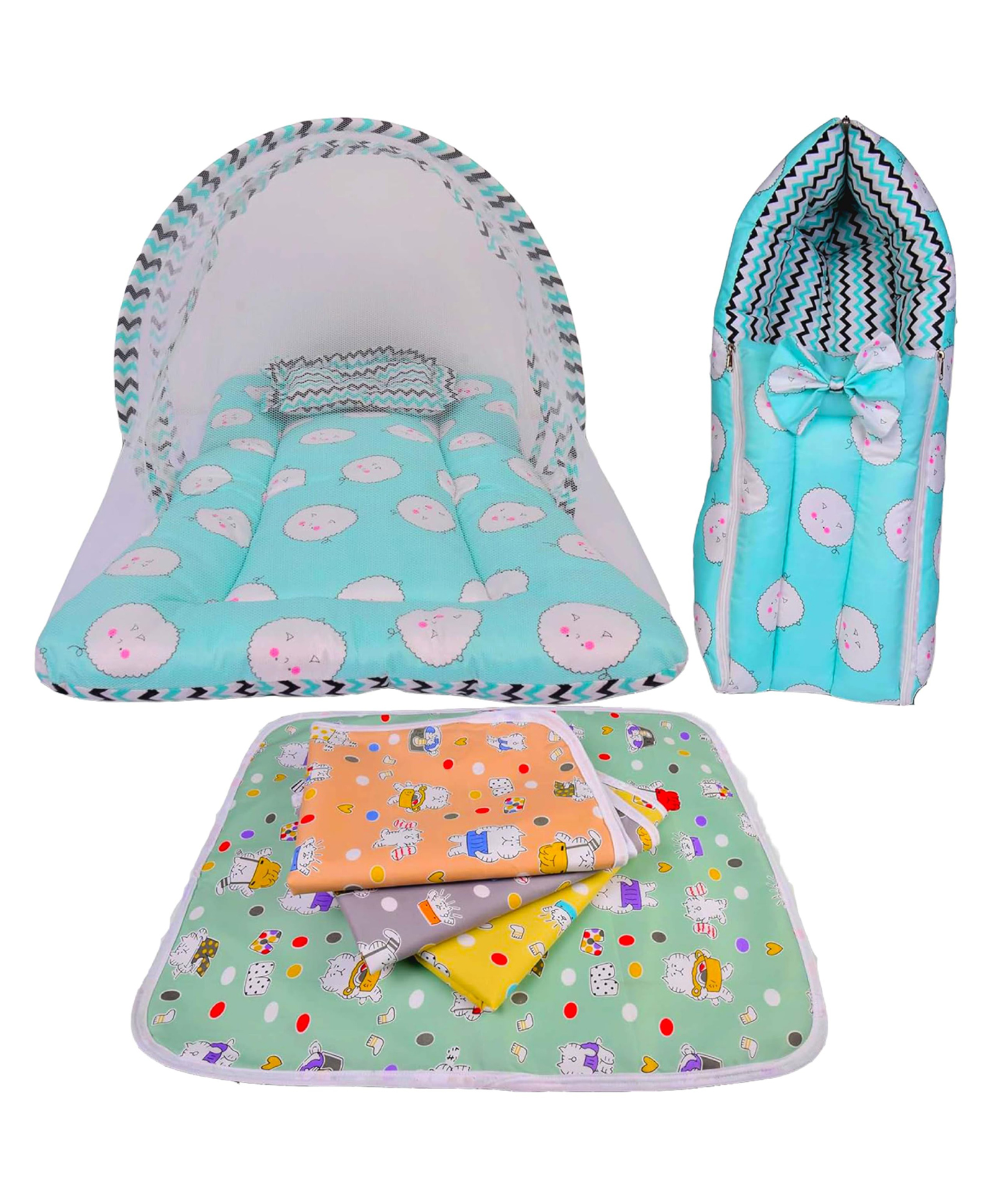 Babytoons New Born Baby Luxury Bedding Set Mattress with Net, Nappy Changing Sheets & Sleeping Bag (Green, 0-12 Months)-picture-15
