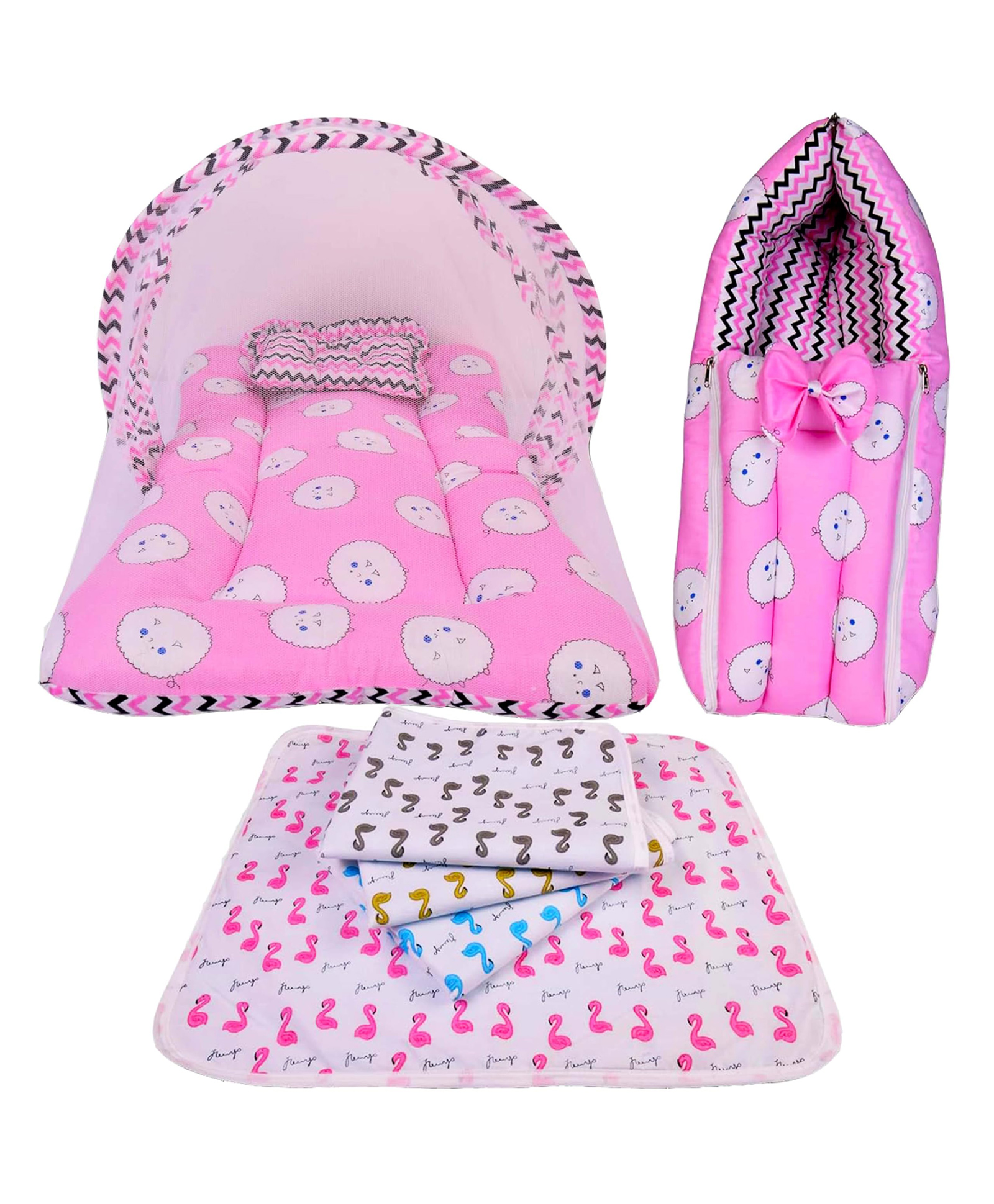 Babytoons New Born Baby Luxury Bedding Set Mattress with Net, Nappy Changing Sheets & Sleeping Bag (Pink, 0-12 Months)-image-42
