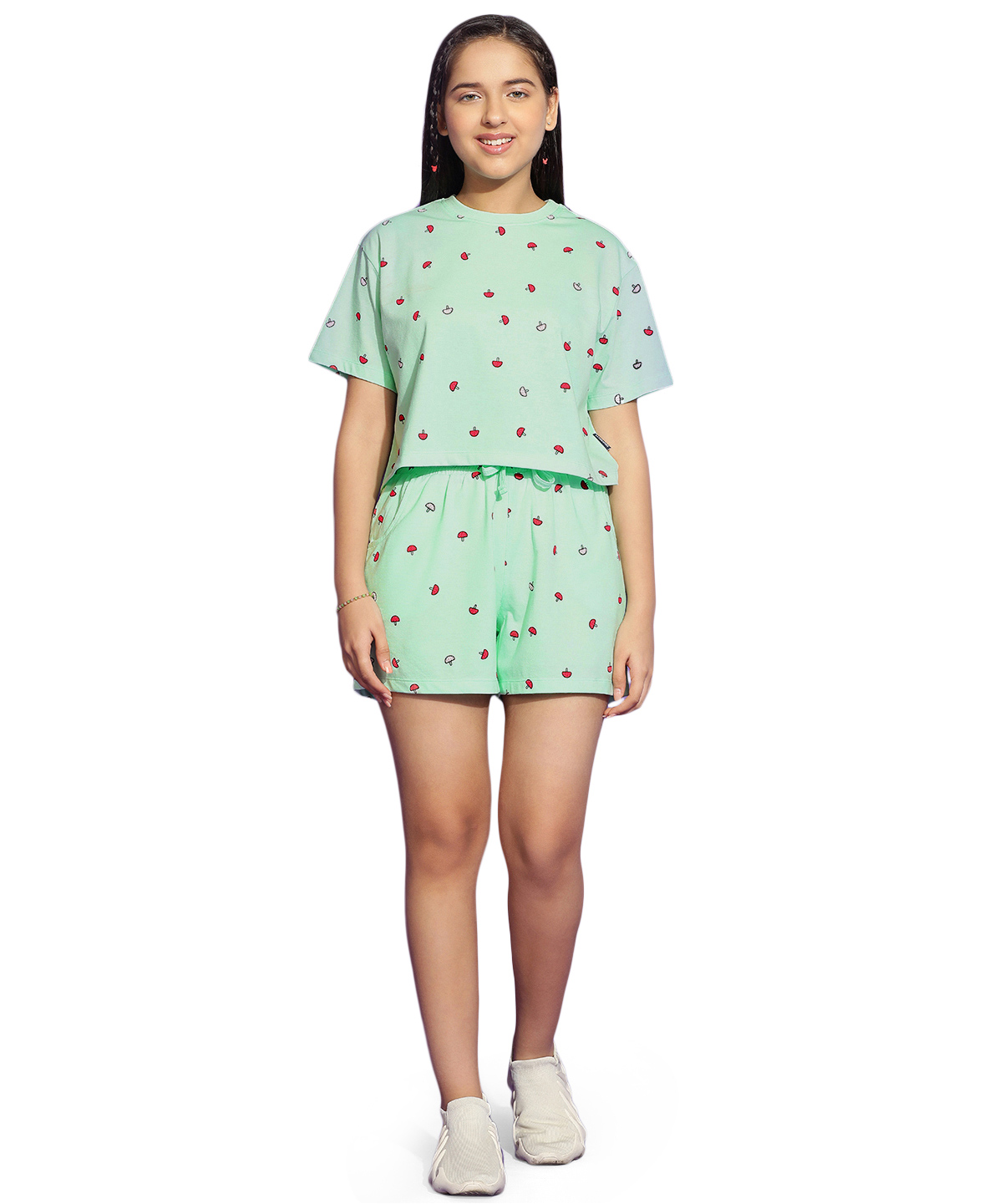 Lil Tomatoes Half Sleeves Mushroom Printed Cotton Jersey Knit Night Suit  - Light Green-picture-38