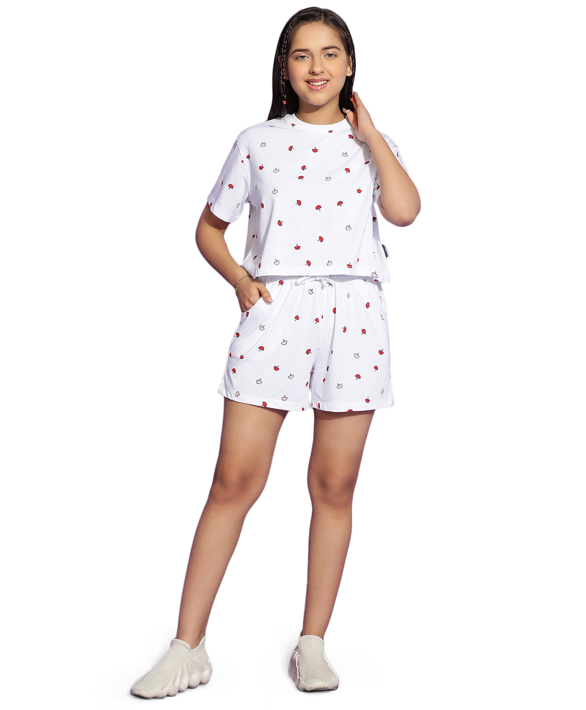 Lil Tomatoes Half Sleeves Mushroom Printed Cotton Jersey Knit Night Suit  -  White-picture-24