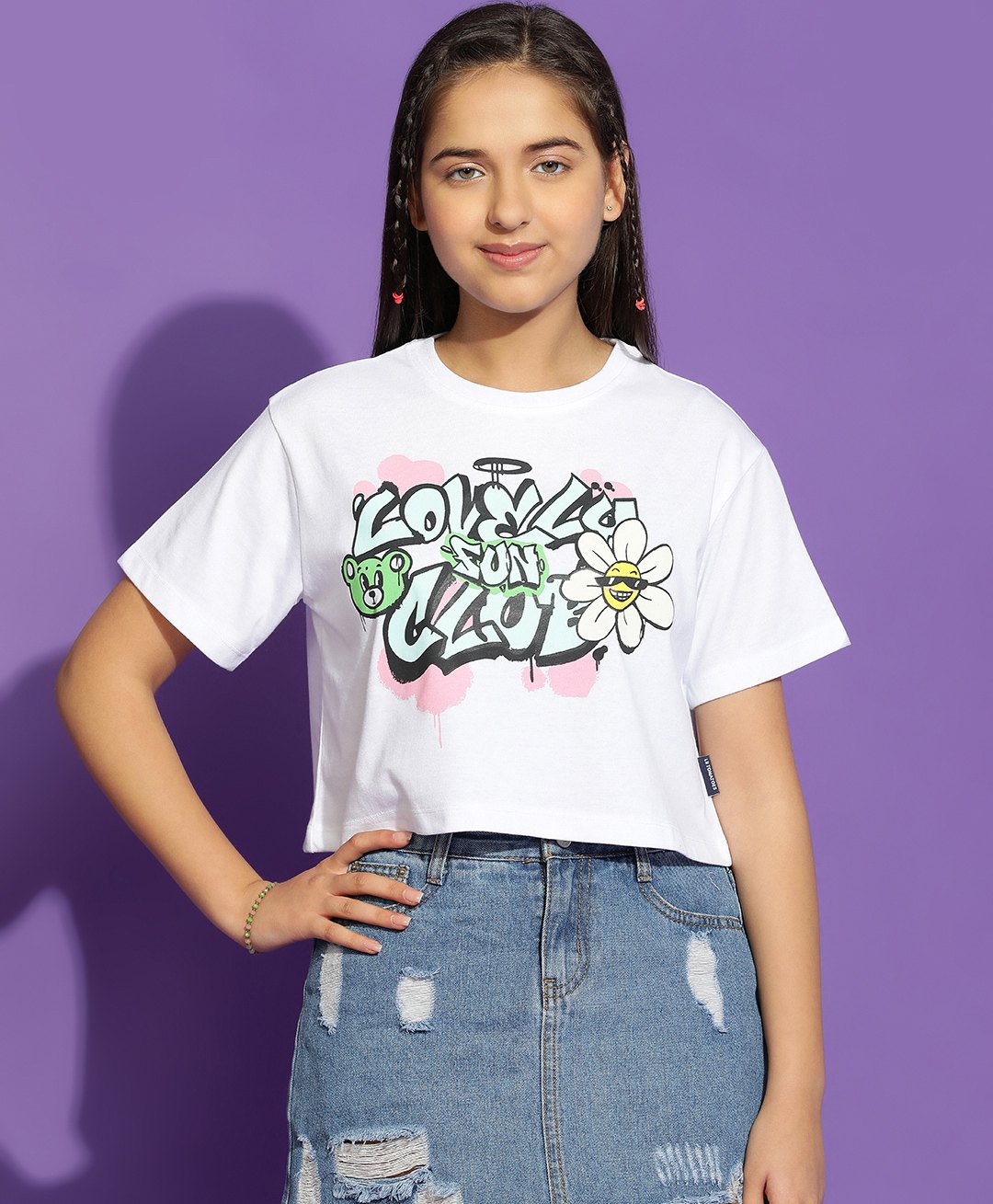Lil Tomatoes Half Sleeves Floral & TextPrinted Cotton Jersey Crop Top - White-picture-21