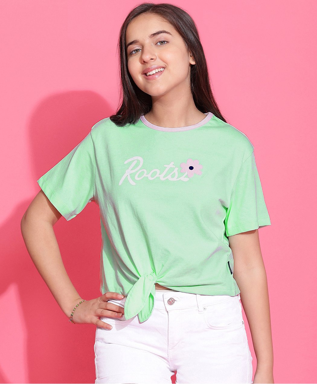 Lil Tomatoes Half Sleeves Floral & Text Printed Cotton Jersey Crop Top - Light Green-picture-33