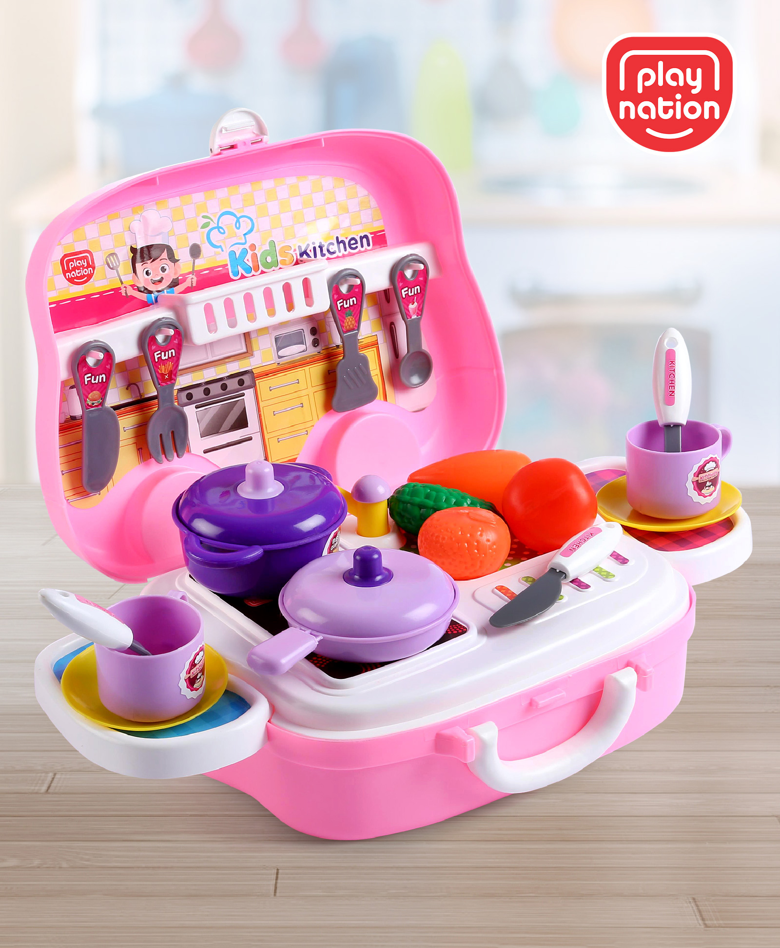 Play Nation Kitchen Role Pretend Play Set with Wheels 21 Pieces - Pink