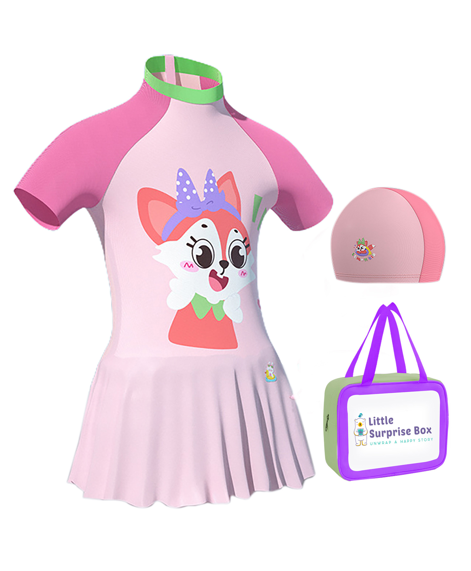 Little Surprise Box Half Sleeves Fox Printed Frock Style  Swimsuit With Cap & Bag - Peach-image-9