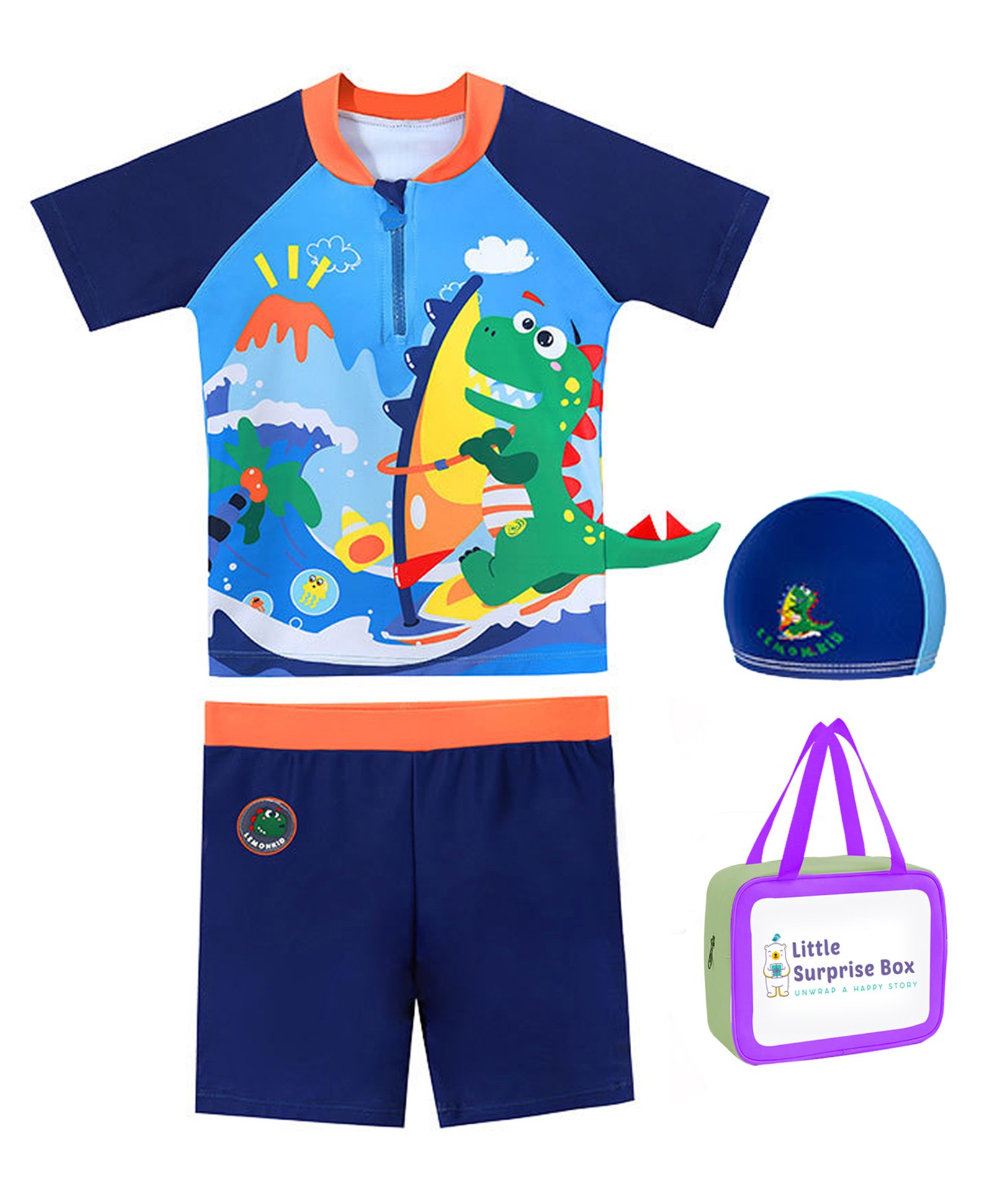Little Surprise Box  Half Sleeves 3D Dinosaur Printed Swimsuit Set - Blue-image-15