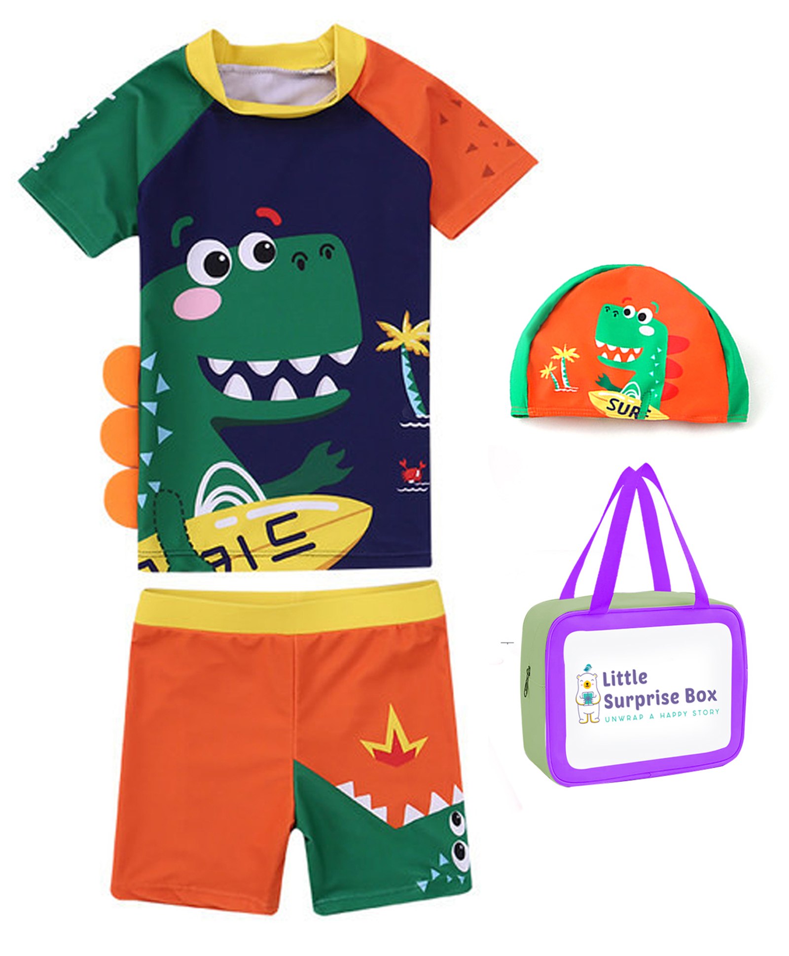 Little Surprise Box Half Sleeves 3D Dinosaur Printed Swimsuit Set - Orange-image-11