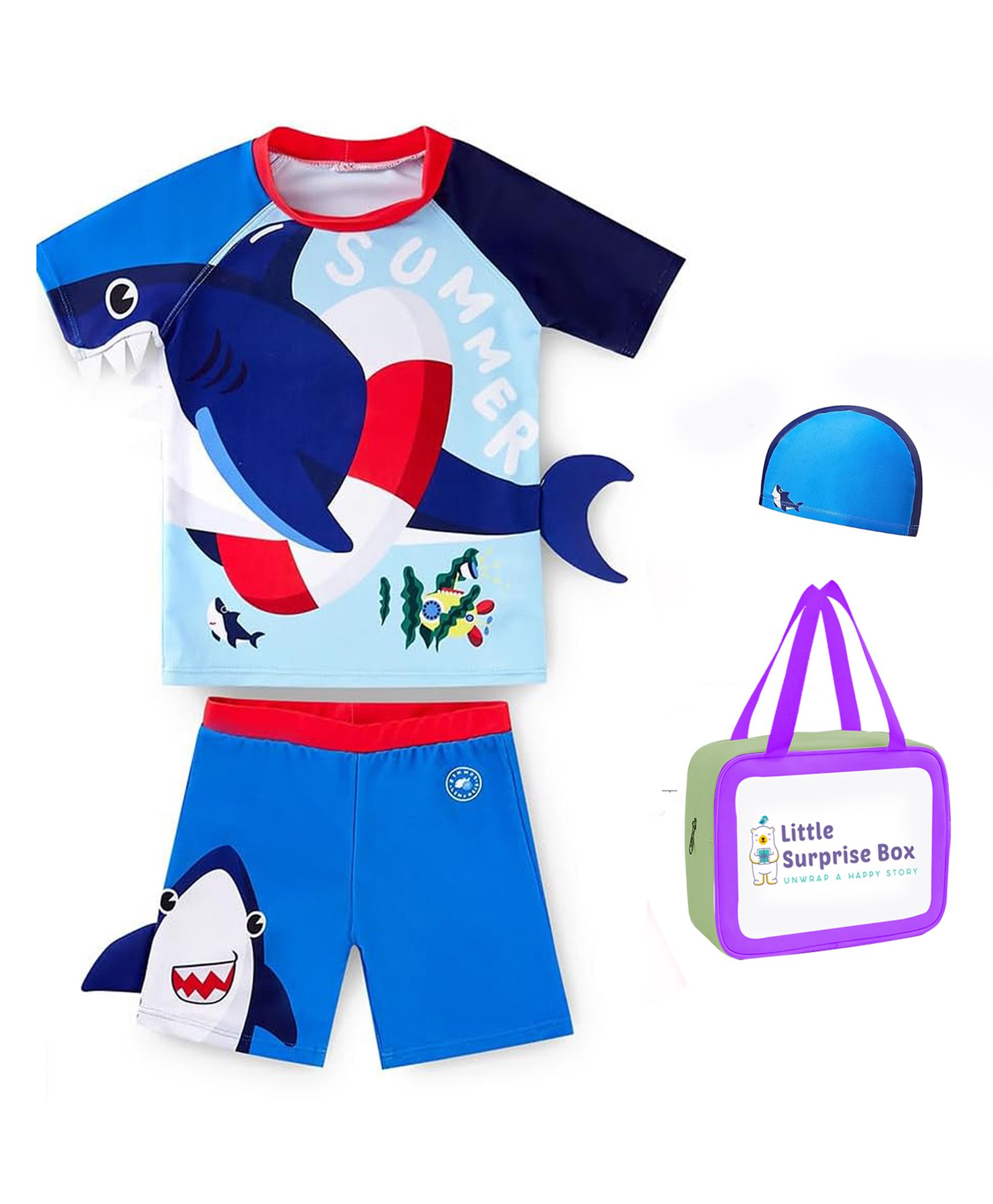 Little Surprise Box Half Sleeves 3D Whale Printed Swimsuit Set - Red & Blue-picture-16