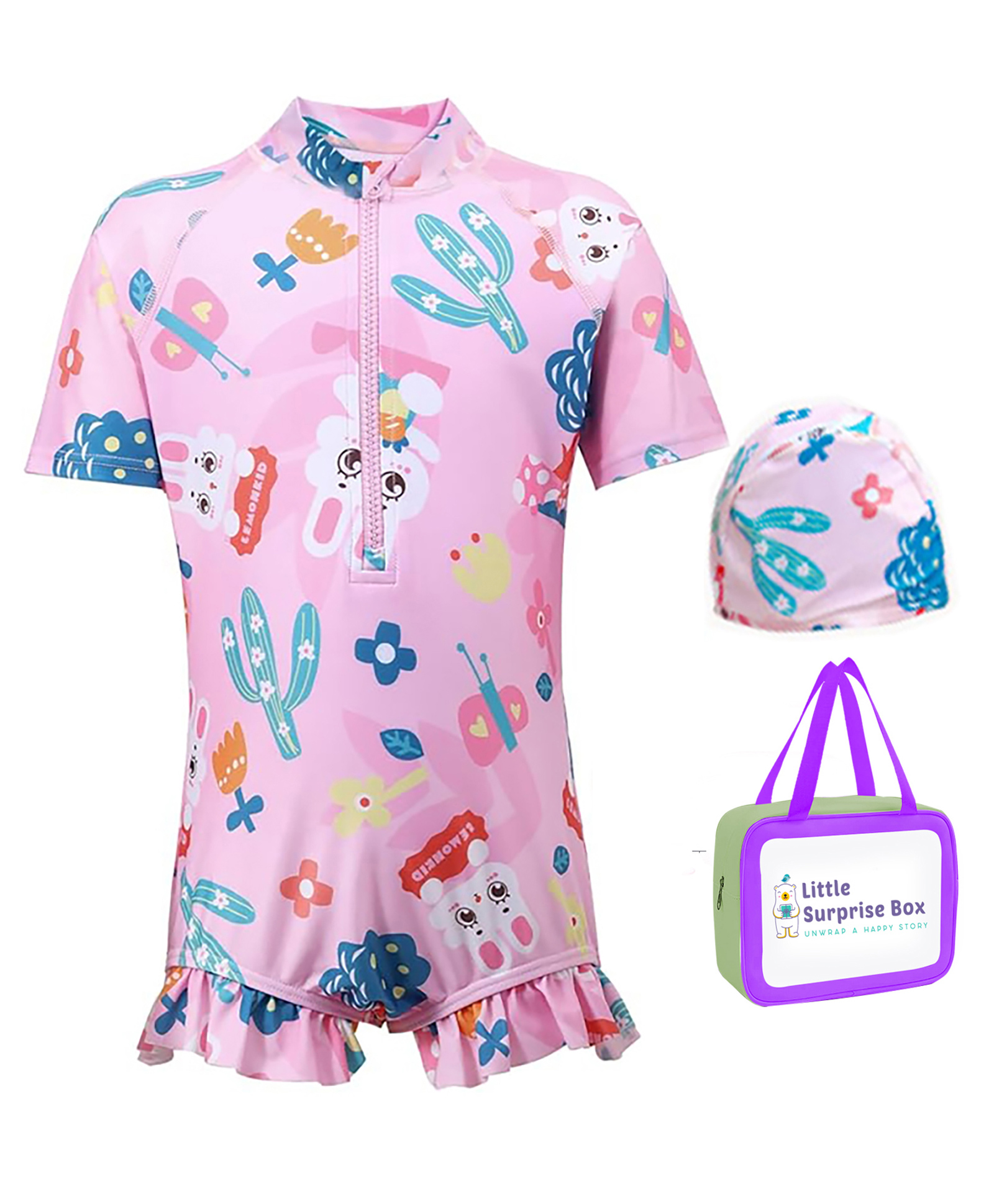 Little Surprise Box Half Sleeves Rabbit  Printed Swimsuit With Cap & Bag - Pink-image-49