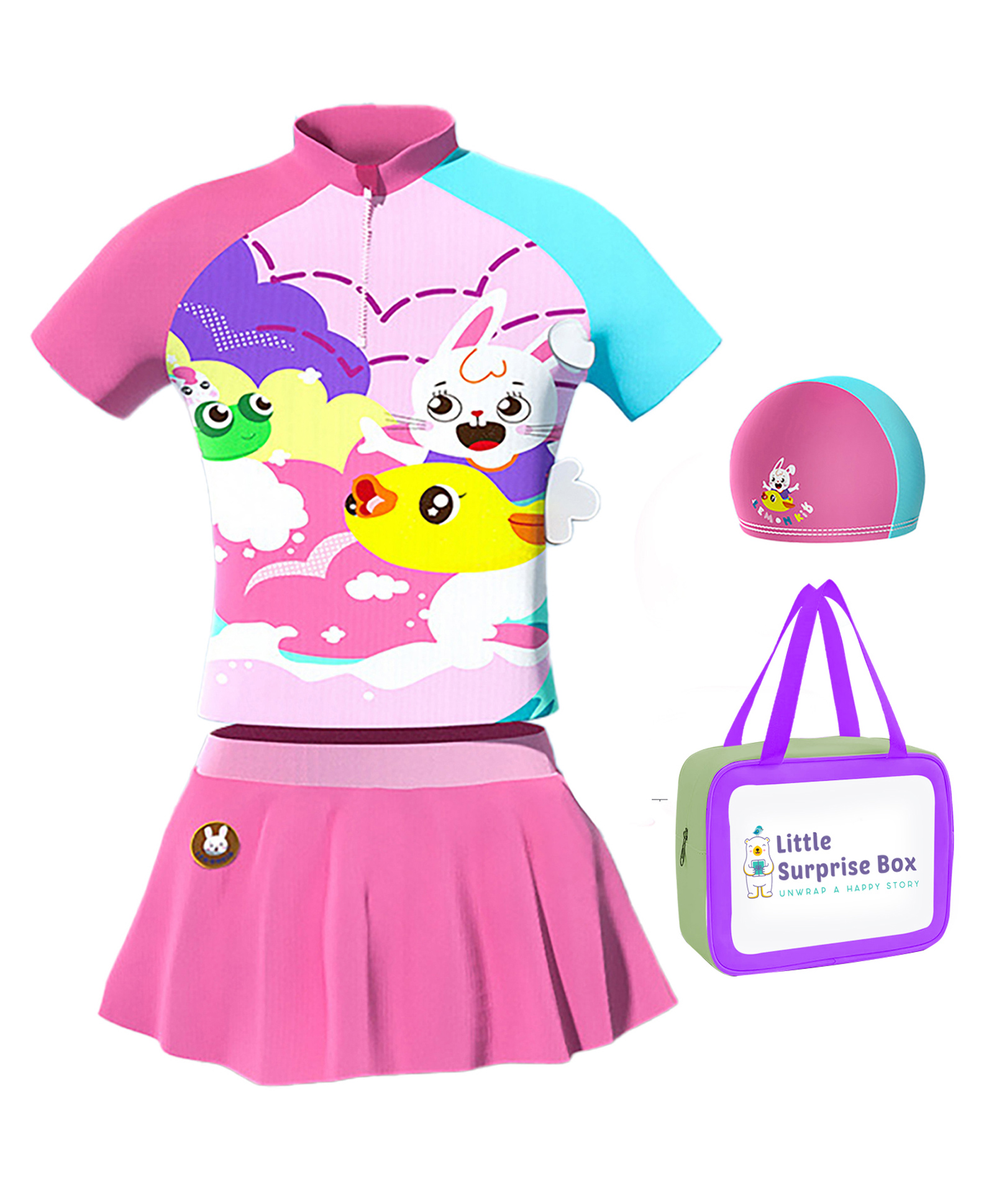 Little Surprise Box Half Sleeves Animals Printed Swimsuit With Cap & Bag - Multi Colour-image-49