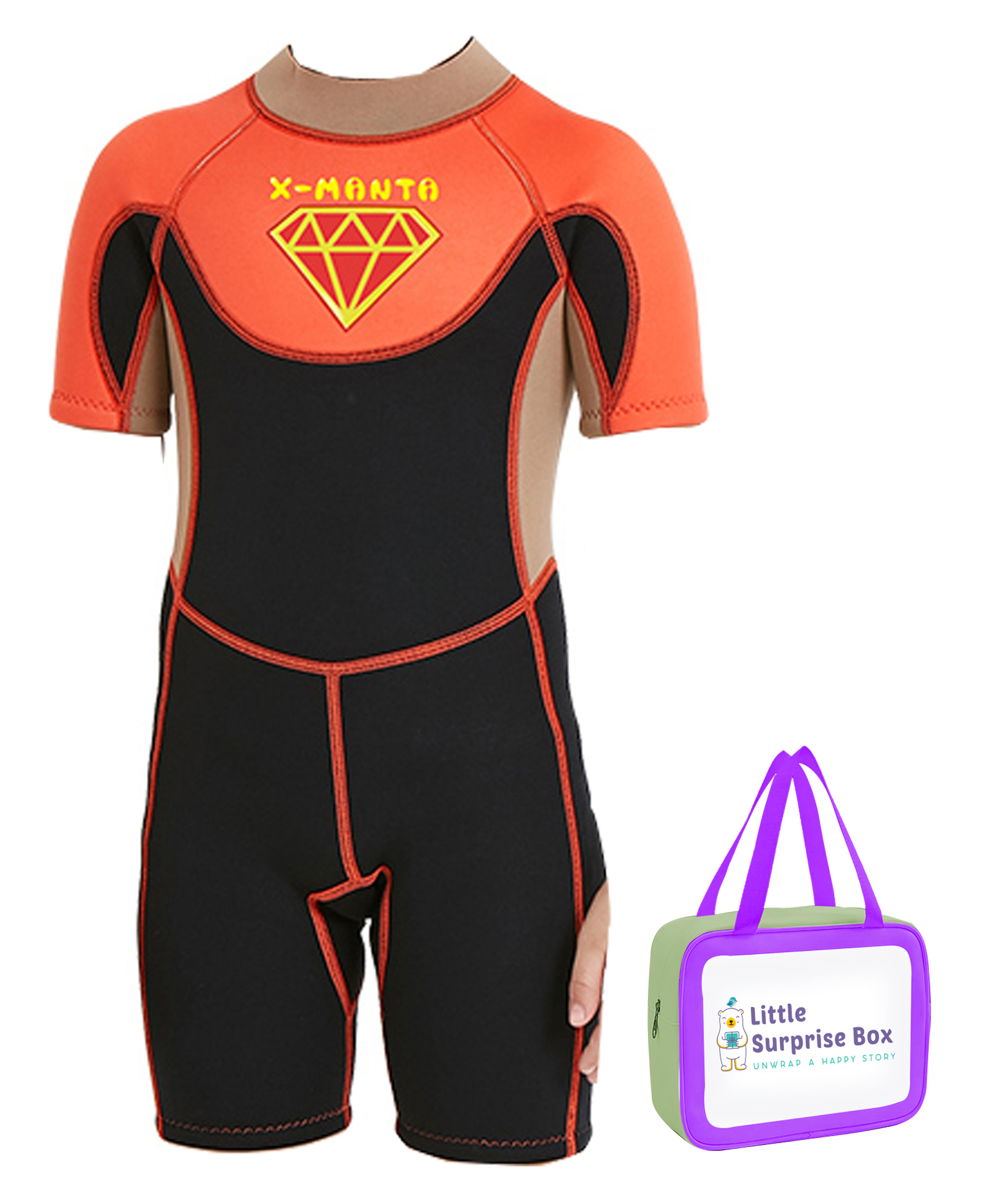 Little Surprise Box  Half Sleeves Diamond Printed Swimsuit With Bag - Brown & Orange-picture-27