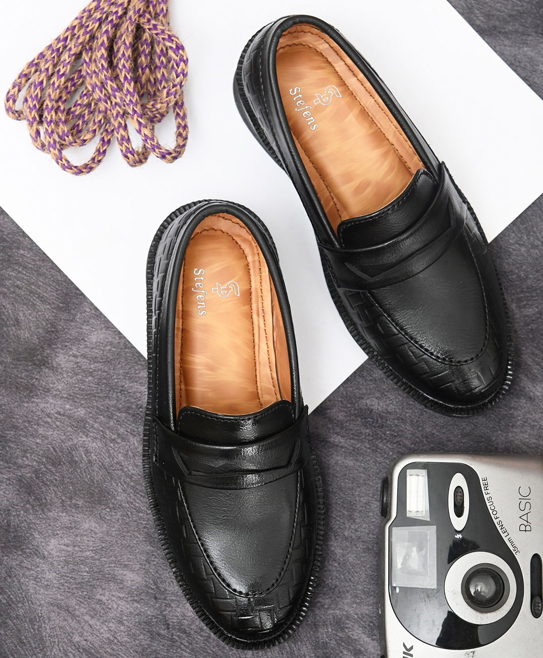 Stefens Bricks Self Design Gloss Finish Slip On  Loafers - Black-image-45