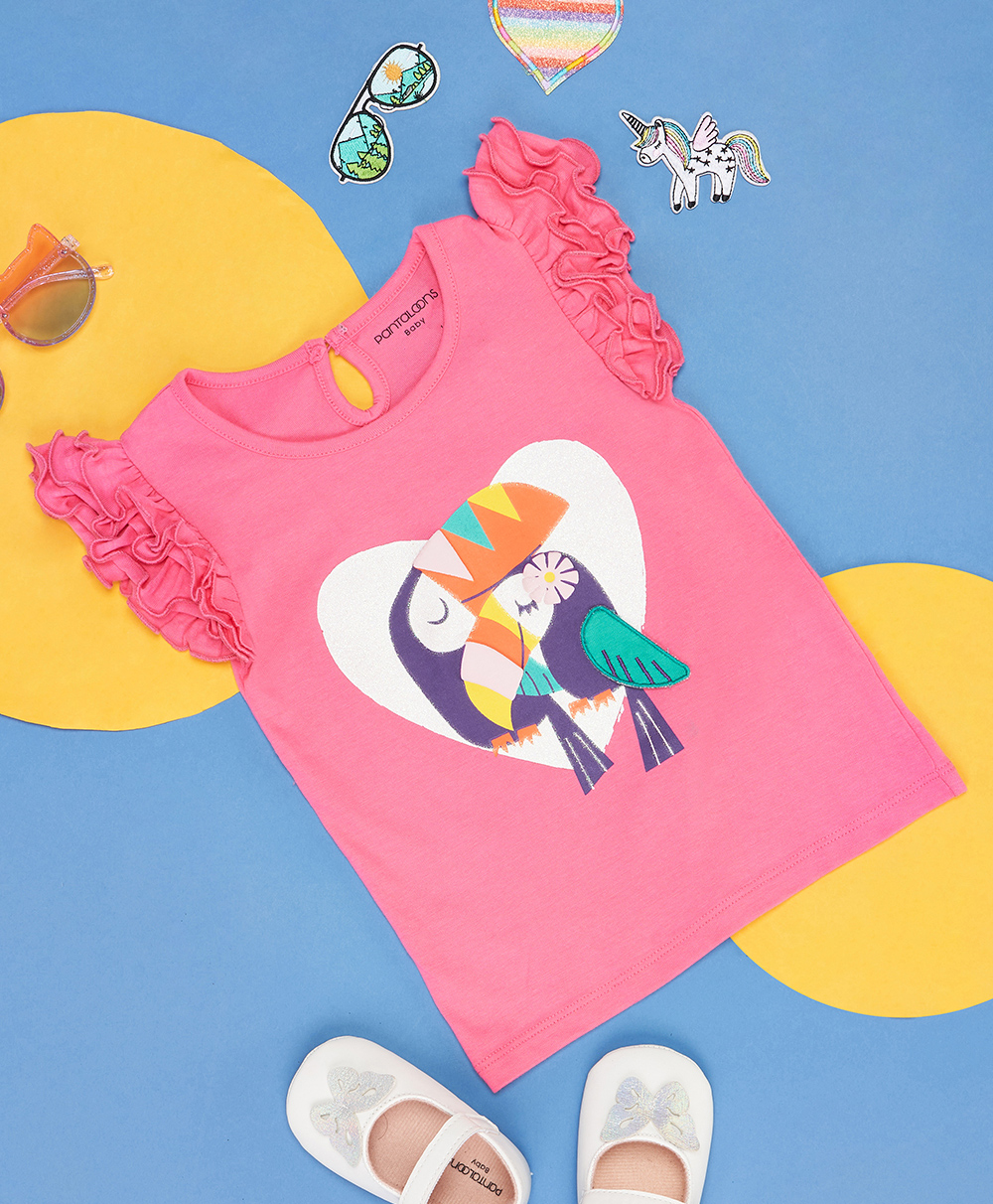 Pantaloons Baby Cap Frill Sleeves Birds Printed Cotton Top - Pink Lemonade-image-17