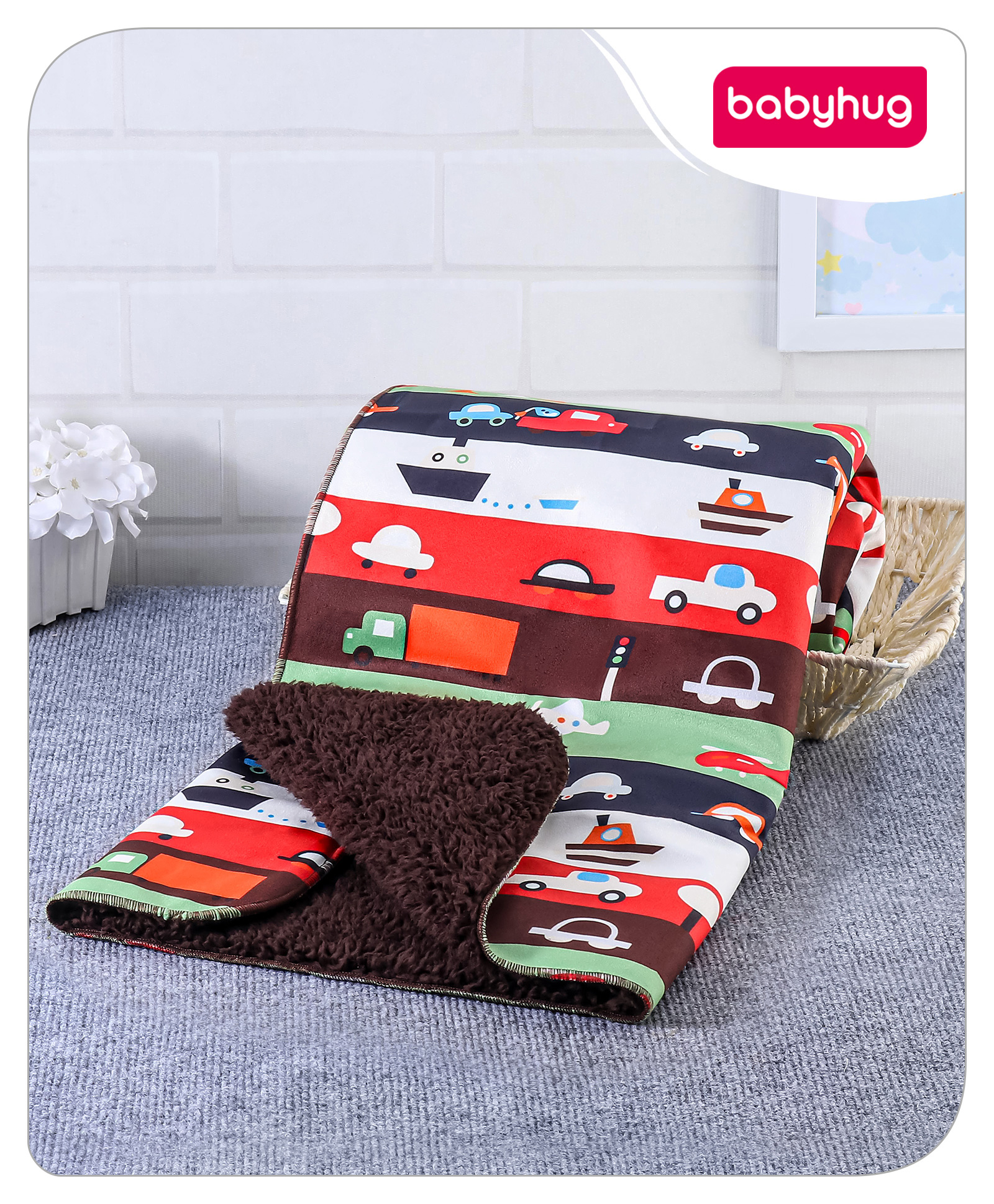 Babyhug Sherin & Poly Wool All Season Blanket Comforter Vehicle Print- Brown-picture-17