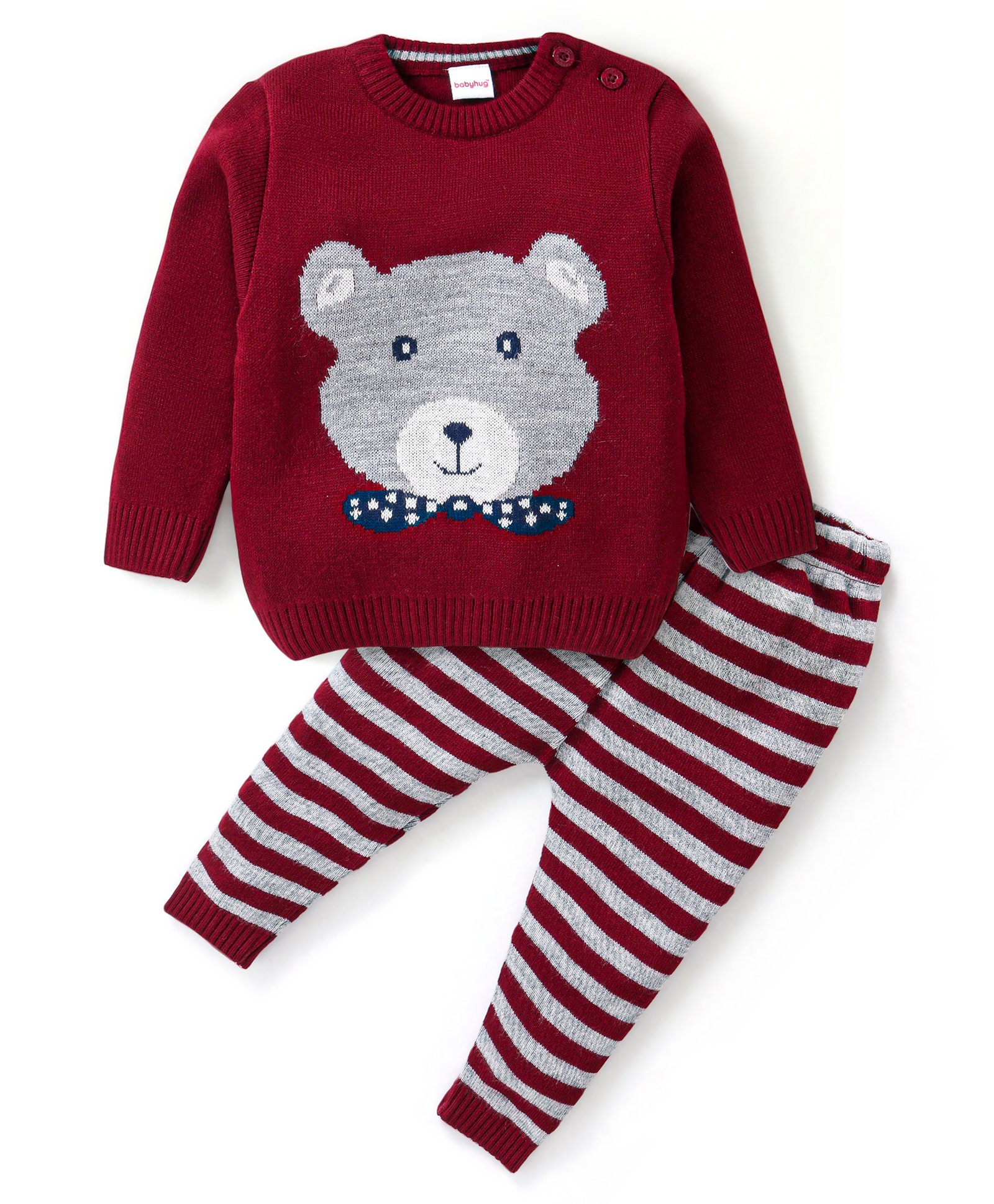 Babyhug Knitted Full Sleeves Sweater Set Stripes & Bear Design - Maroon-picture-13