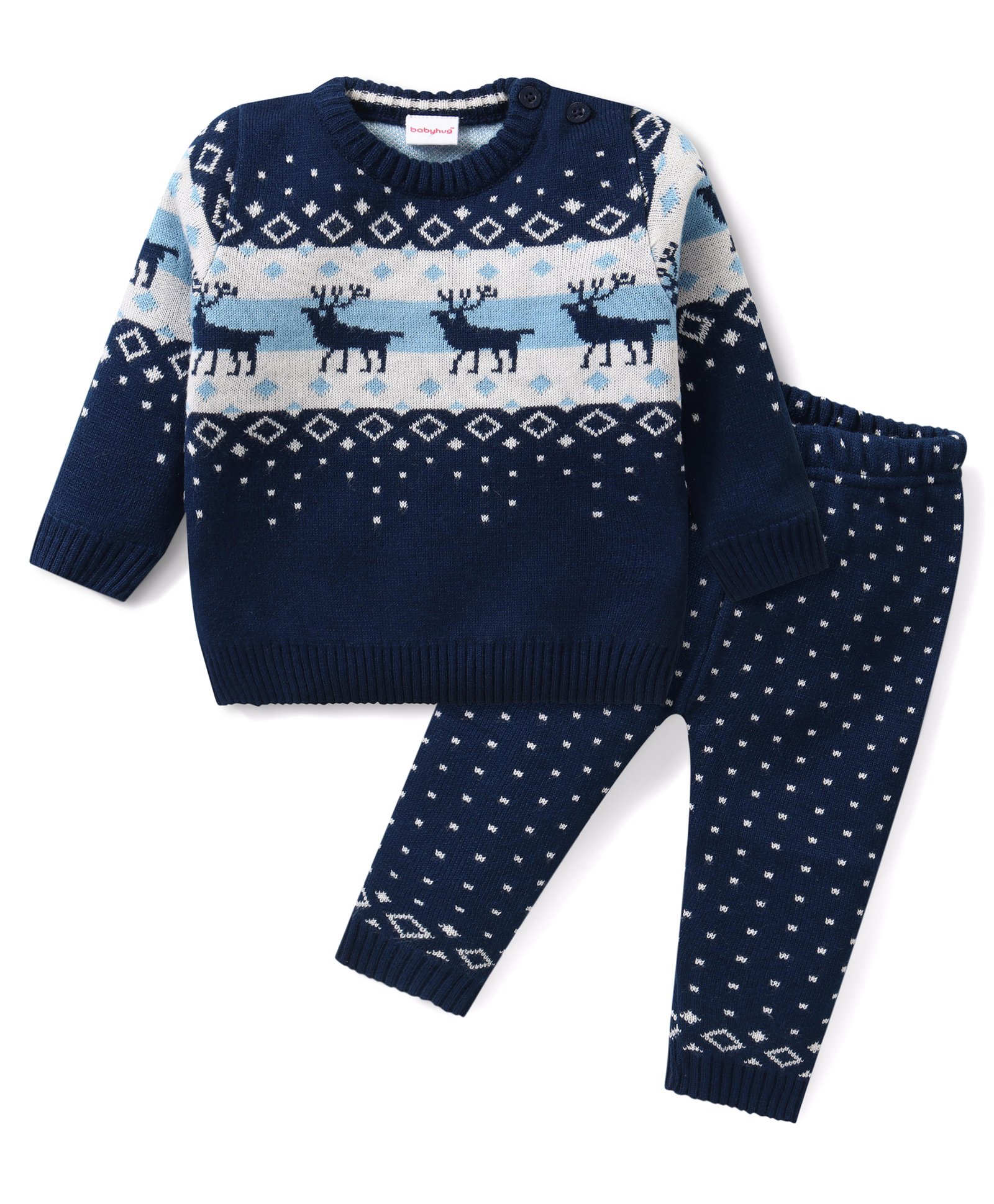 Babyhug Knitted Full Sleeves Baby Sweater Set with Deer Design - Navy Blue-image-29