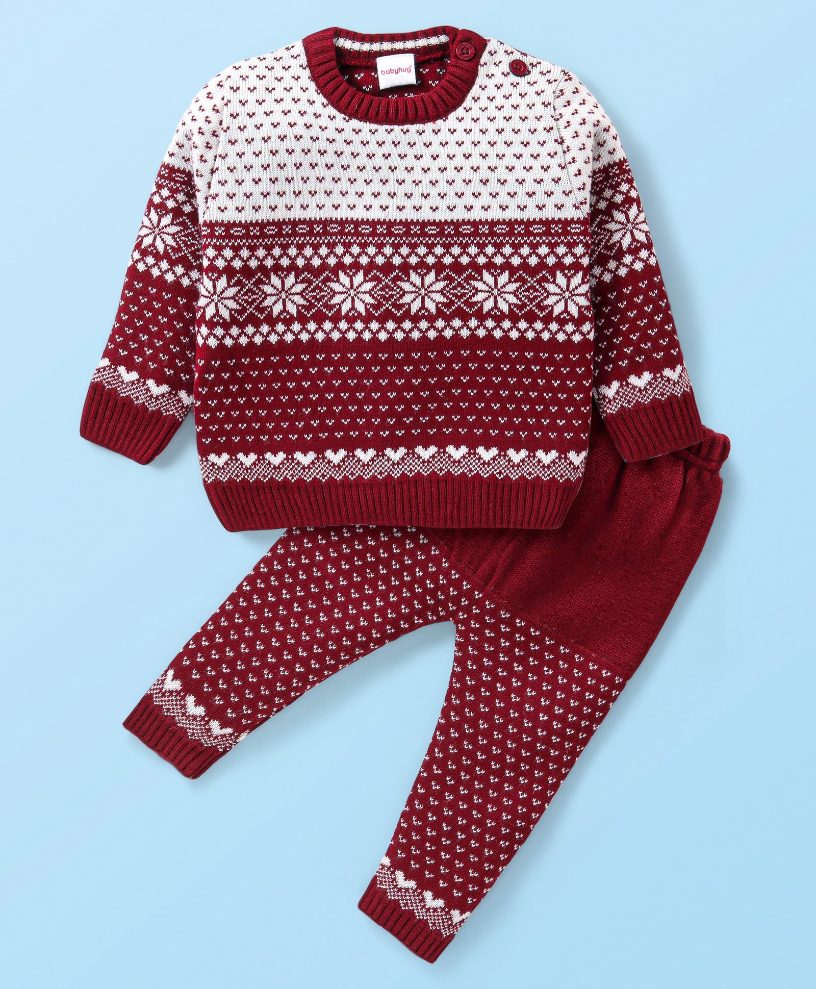 Babyhug Knitted Full Sleeves Baby Sweater Set with Floral Design - Maroon-image-15