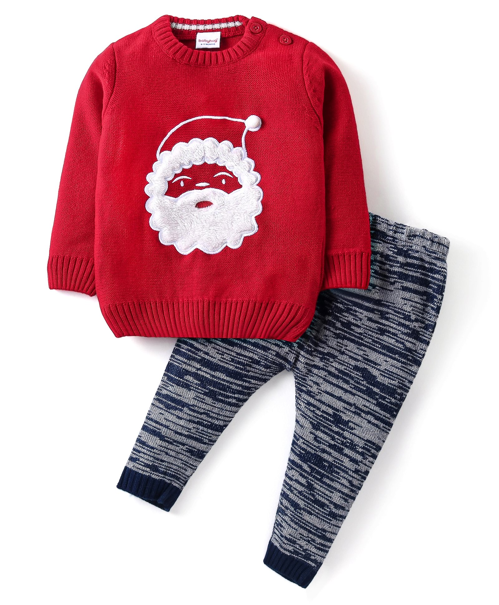Babyhug Knitted Full Sleeves Pullover Sweater & Pant Set with Santa Clause Embroidery - Red-image-30