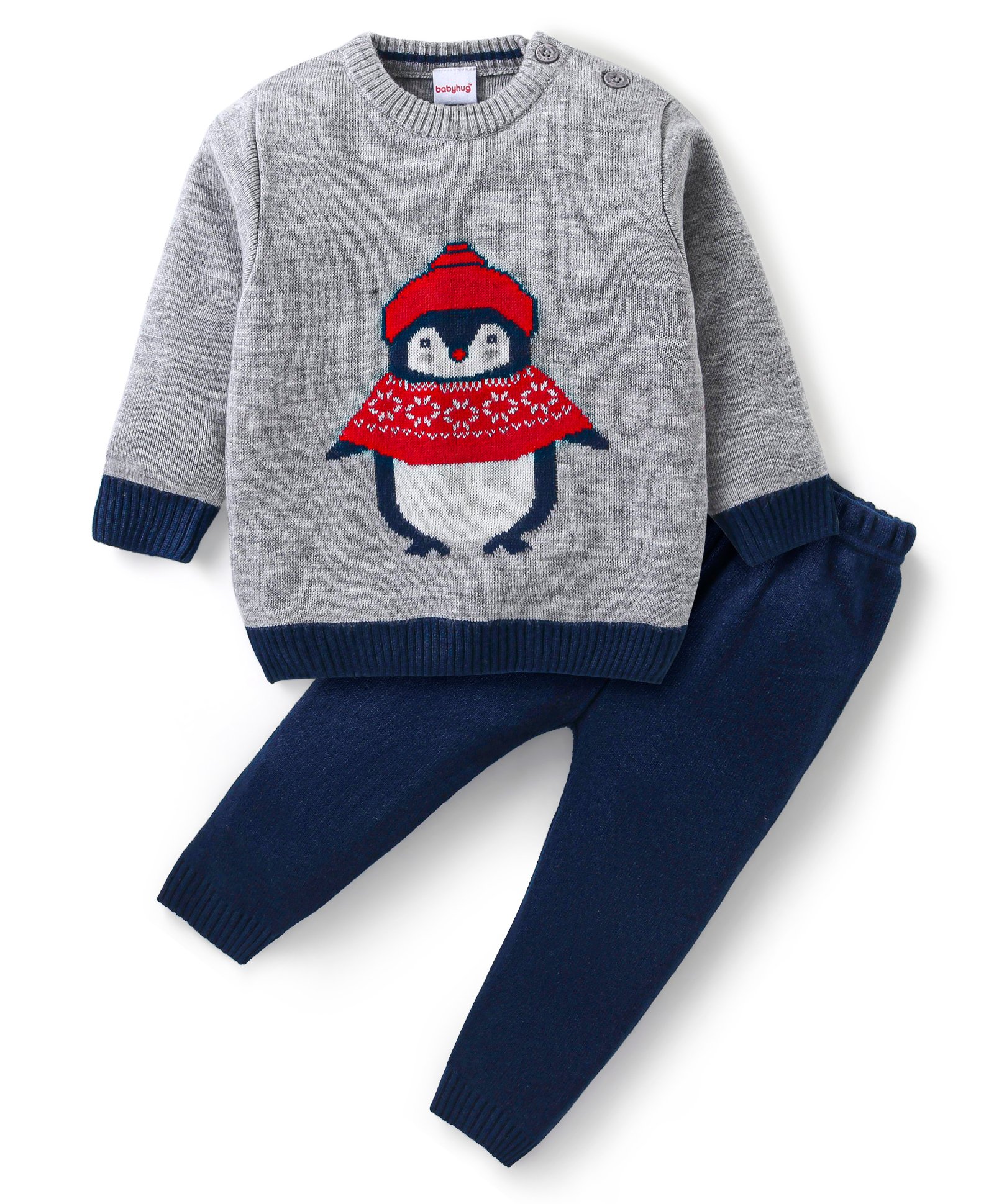 Babyhug Knit Full Sleeves Sweater & Pant Set Penguin Design - Navy Blue & Grey-image-12