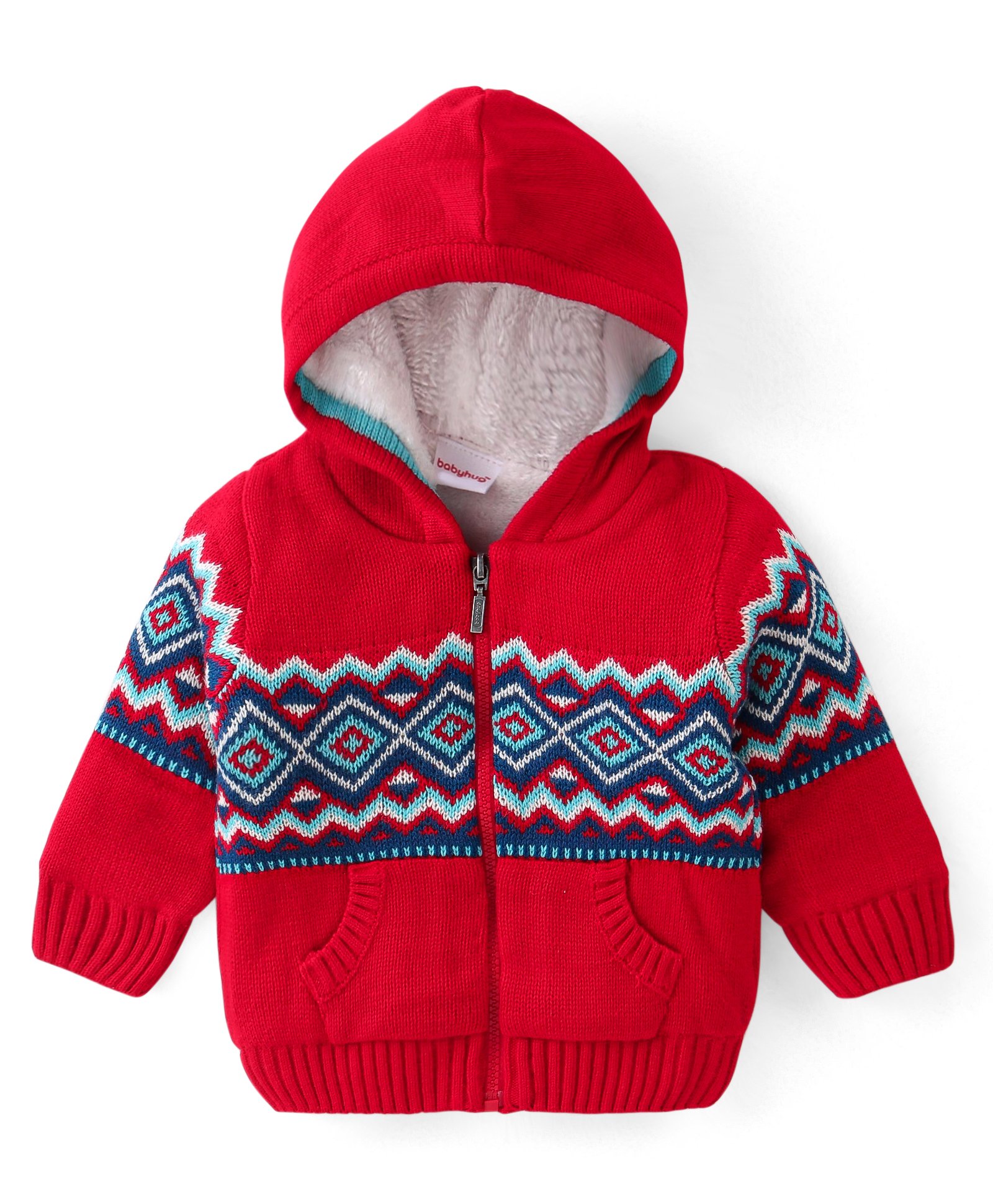 Babyhug Knitted Full Sleeves Aztec Design Hooded Sweater - Red-image-44