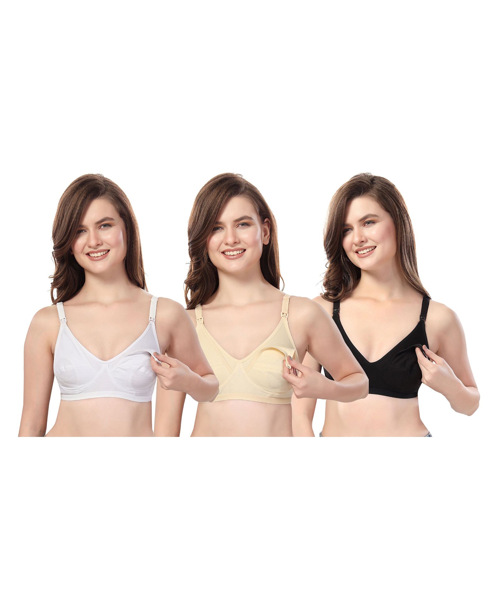 Fabme Pure Cotton Pack Of 3 Sleeveless Solid Full Coverage Non Padded Bras - Skin White & Black-picture-33