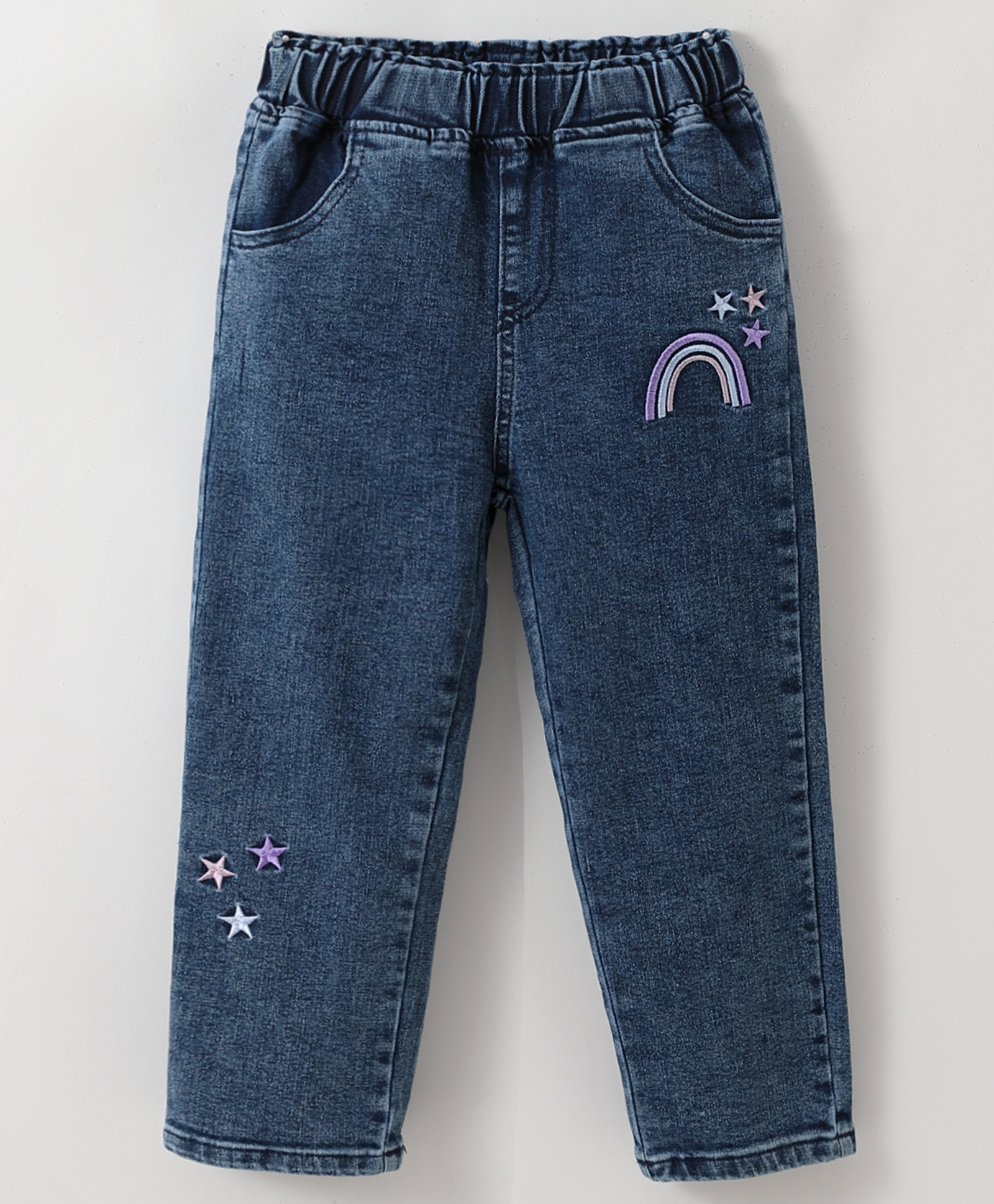 Kookie Kids Full Length Denim Jeans with Rainbow Embroidery - Blue-picture-27