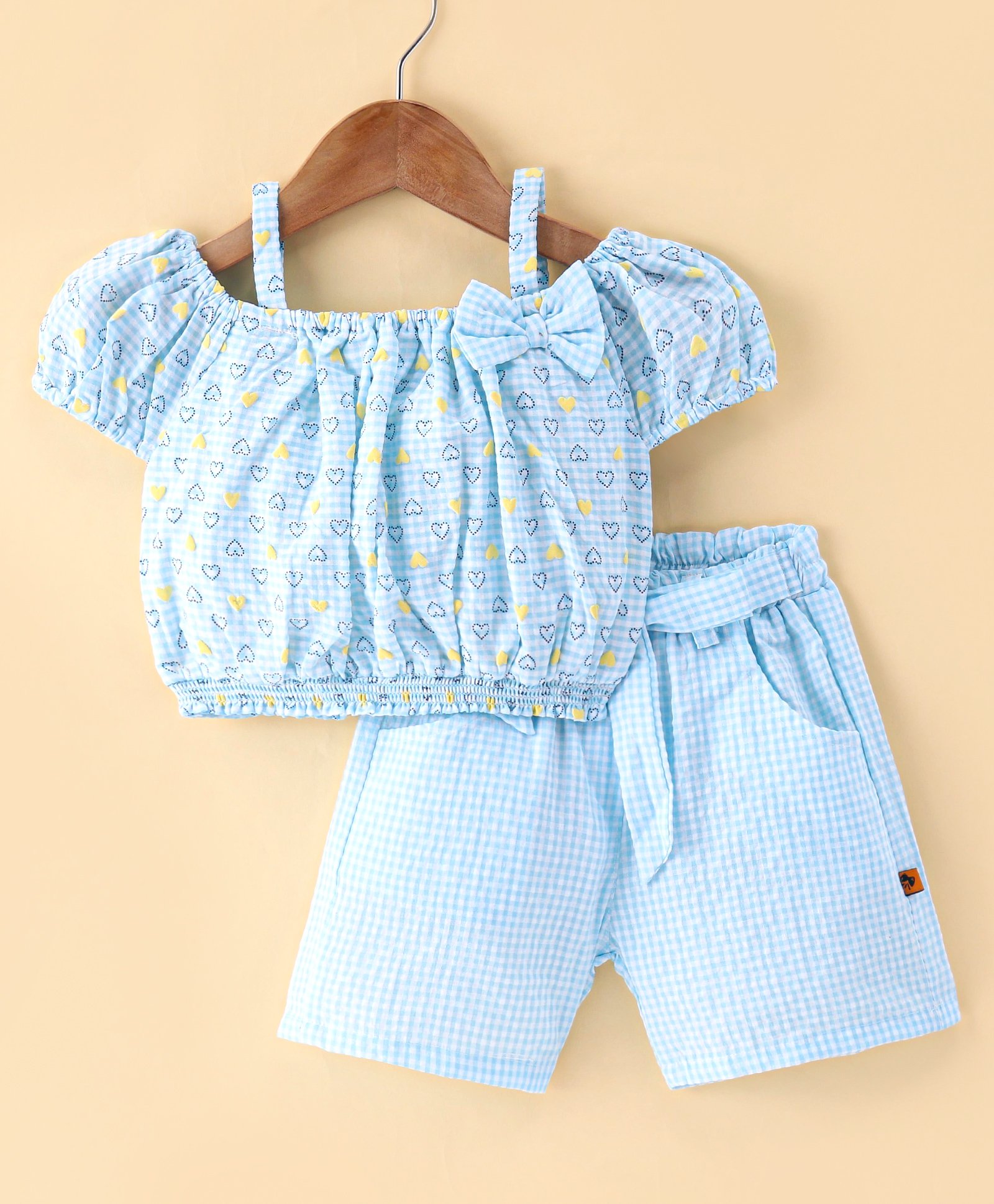Dew Drops Woven Off Shoulder Top & Shorts Set With Bow & Hearts Print - Aqua-image-34