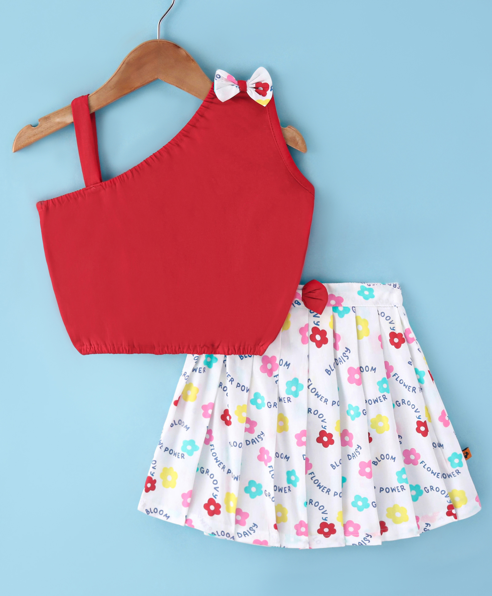 Dew Drops Poplin Sleeveless One Shoulder Top & Skirt Set With Bow & Floral Print - Red-picture-35