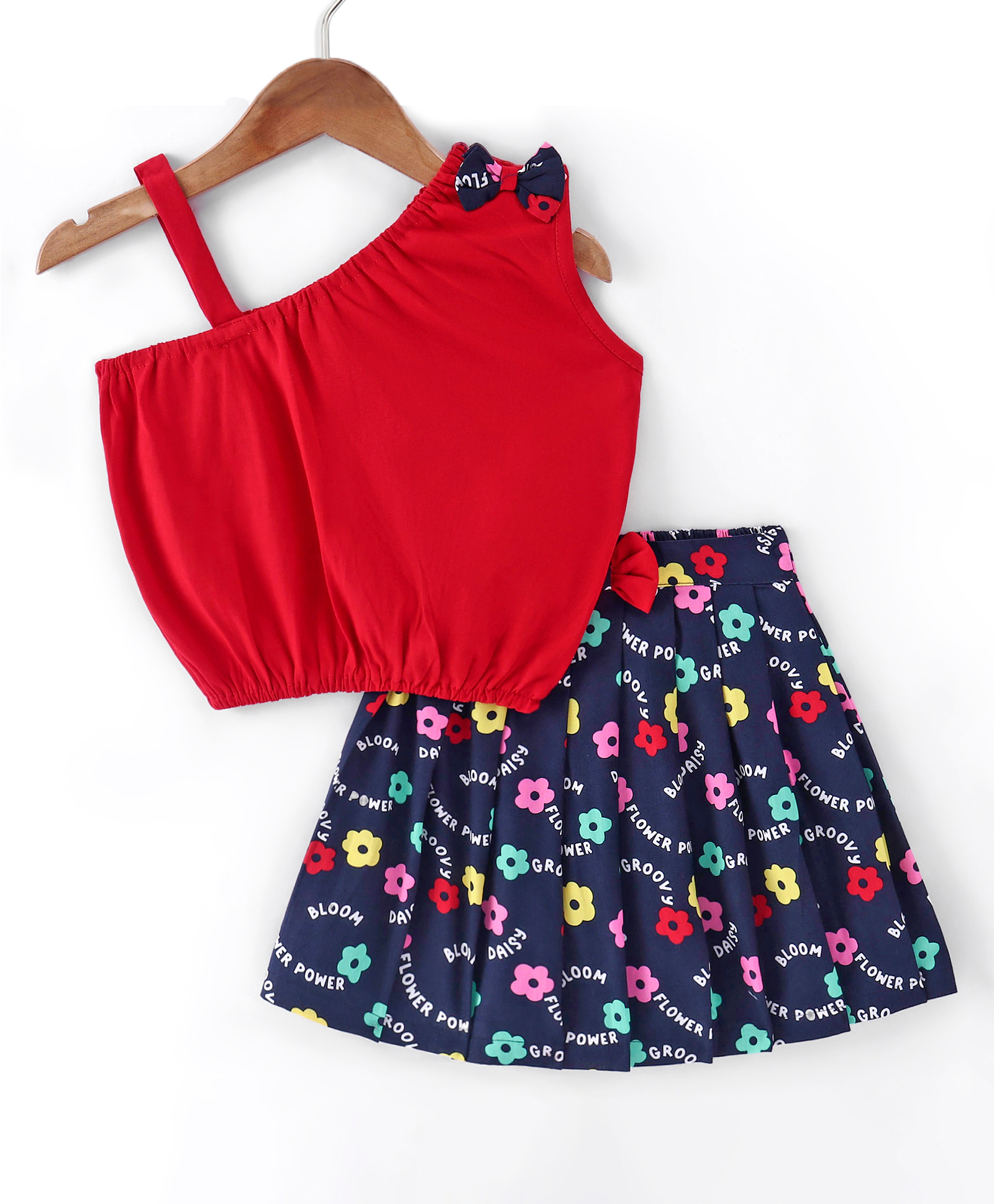 Dew Drops Poplin Sleeveless One Shoulder Top & Skirt Set With Bow & Floral Print - Navy-picture-33