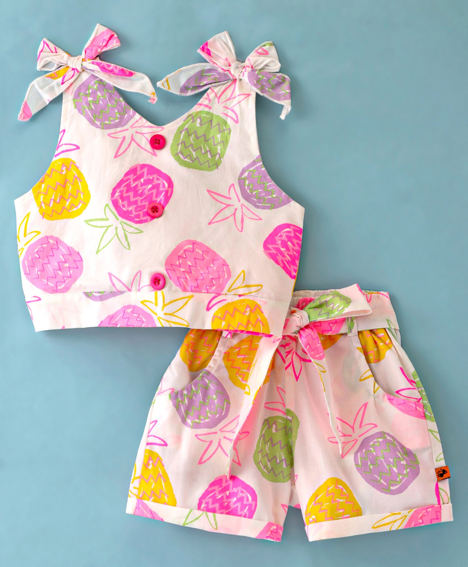 Dew Drops Poplin Sleeveless Top & Shorts Set With Bow Applique And Tropical Print - Peach-image-34