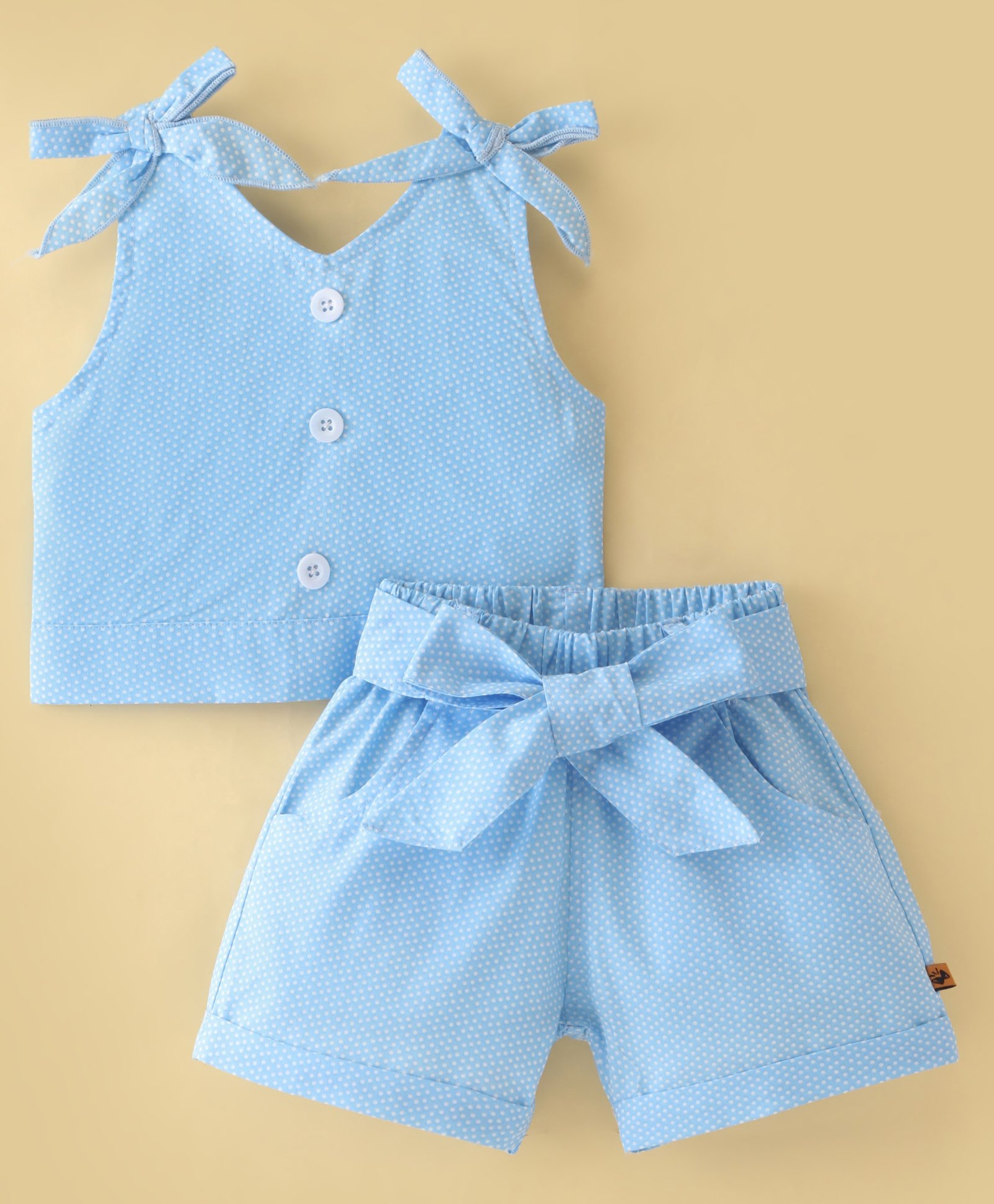 Dew Drops Poplin Sleeveless Polka Dotted Top & Shorts Set With Bow Applique  - Aqua-picture-23