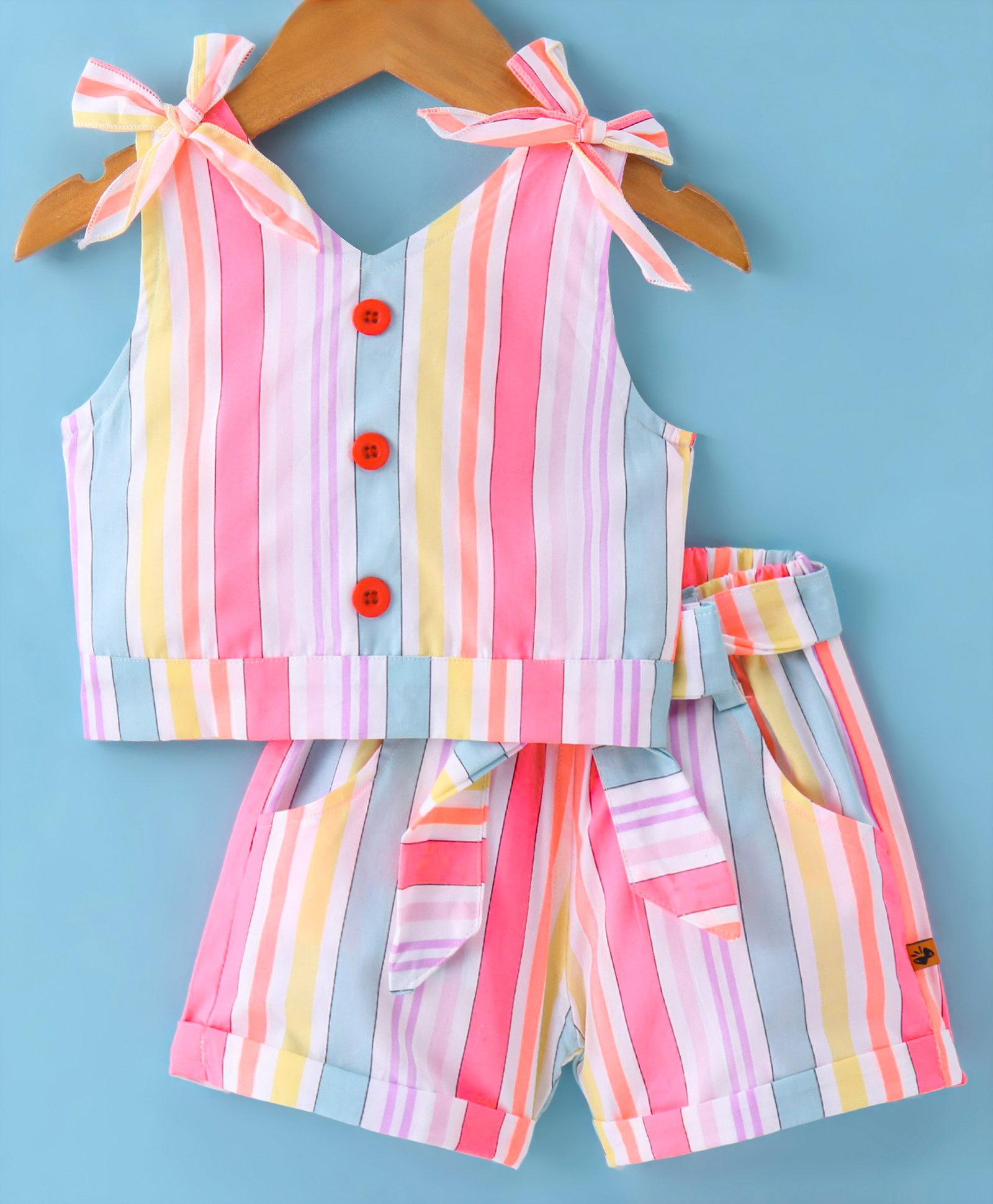 Dew Drops Cotton Woven Sleeveless Striped Top & Shorts Set With Bow Applique - Multicolor-image-35