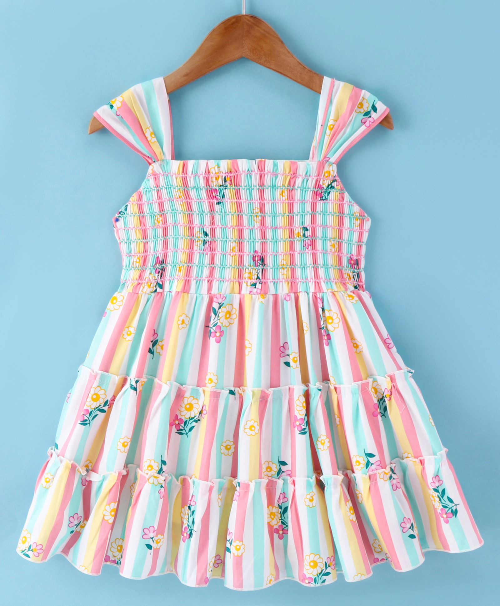 Dew Drops Poplin Woven Sleeveless Tiered Frock with Floral Print - Multicolor-picture-11