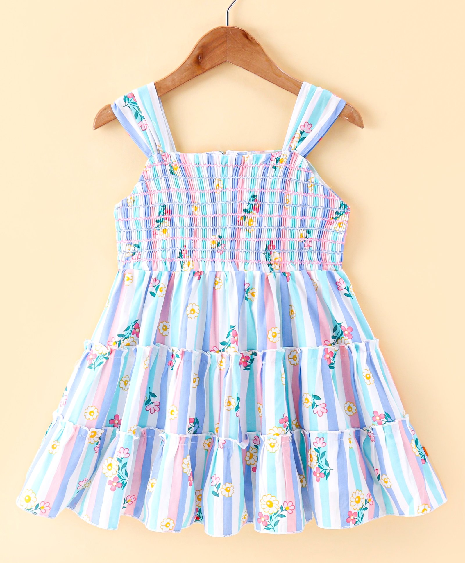 Dew Drops Poplin Woven Sleeveless Smoked Tiered Frock with Floral Print - Blue-picture-12