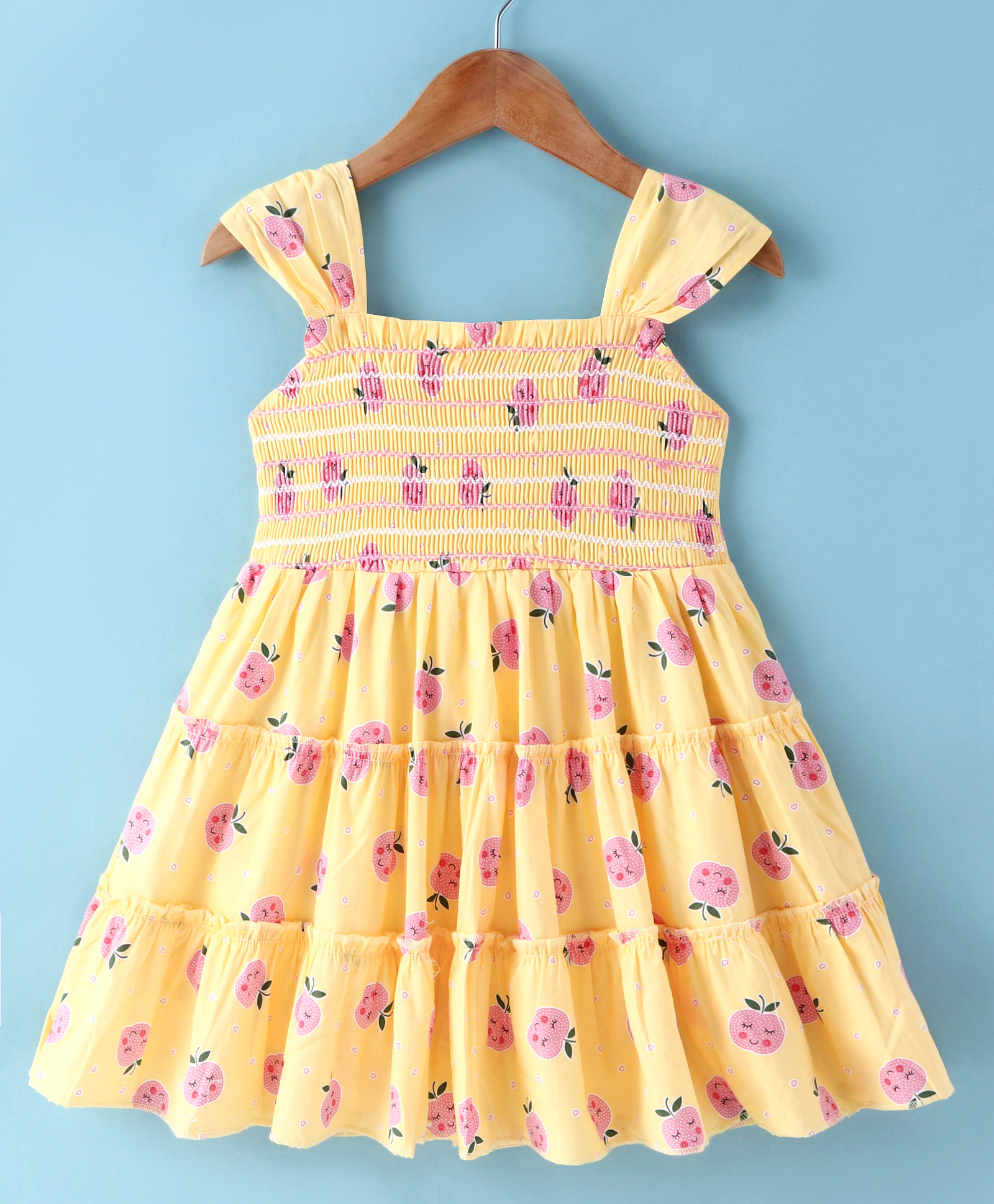 Dew Drops Poplin Woven Sleeveless Tiered Frock with Apple Print - Yellow-picture-26