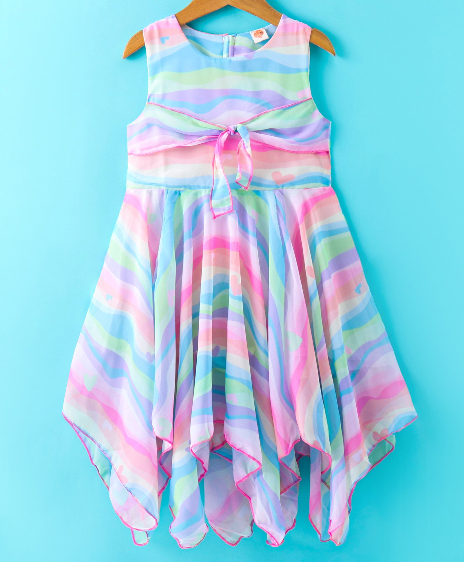 Dew Drops Chiffon Sleeveless  Frock with Heart Print &  Knot Detailing - Peach-picture-36