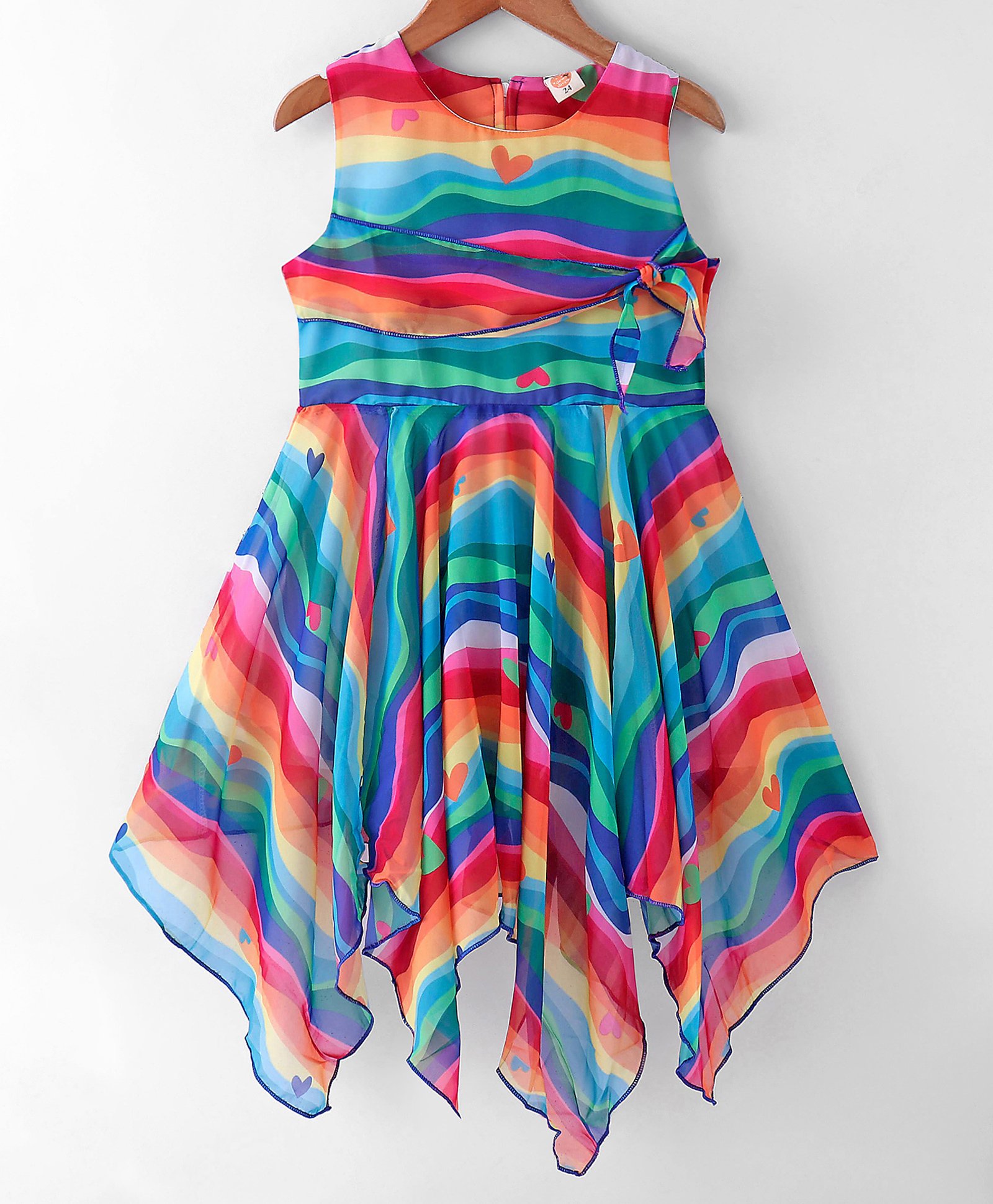 Dew Drops Chiffon Sleeveless  Frock with Heart Print & Knot Detailing - Blue-picture-49