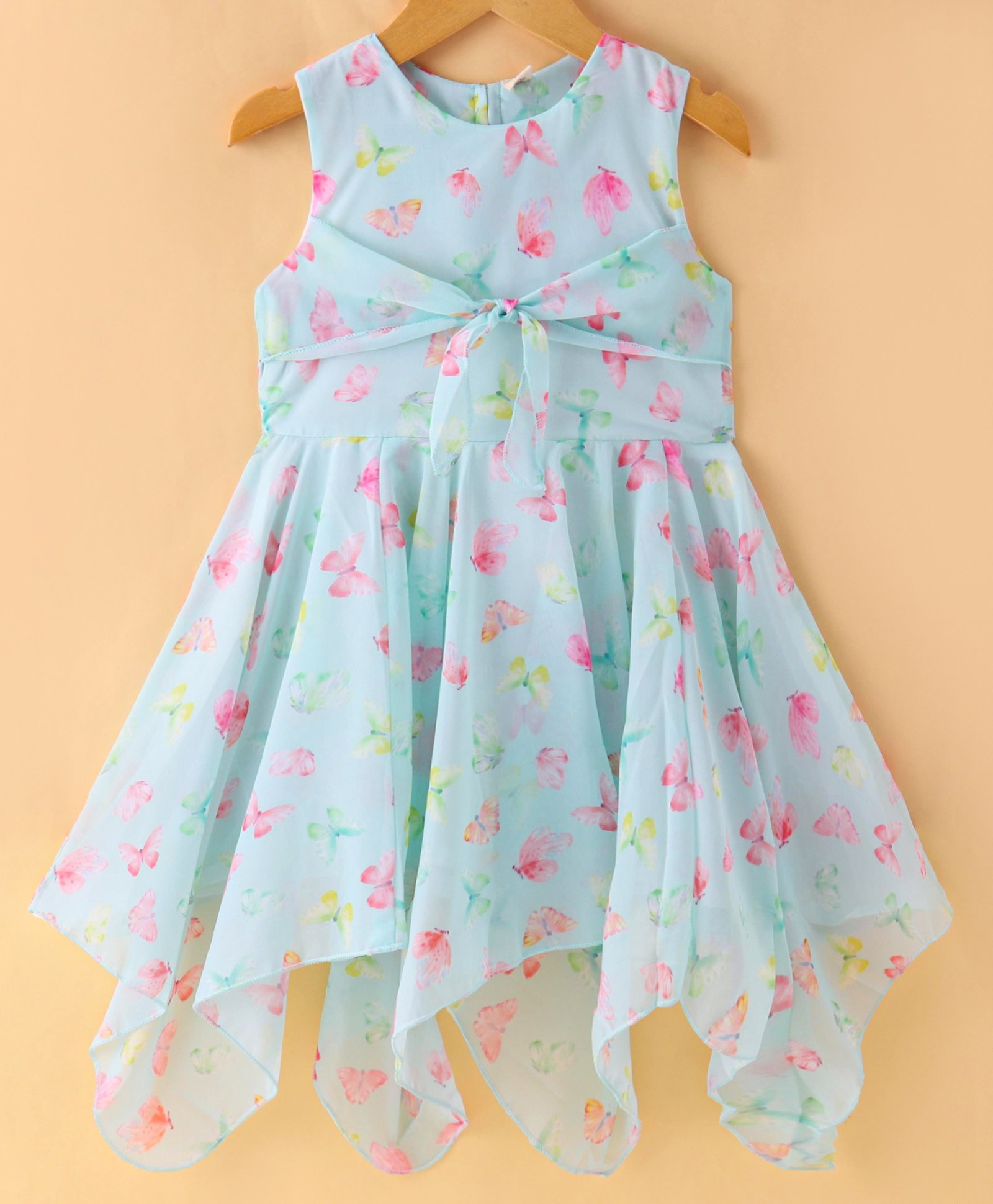 Dew Drops  Chiffon Sleeveless  Frock with Butterfly Print & Knot Detailing - Aqua Blue-picture-8