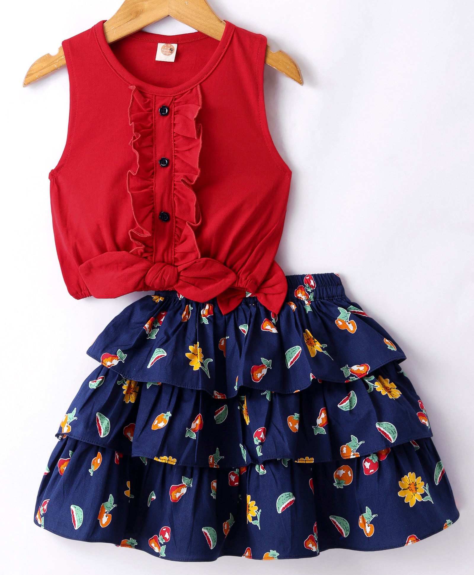 Dew Drops Poplin Woven Sleeveless Top & Layered Floral Printed Skirt Set - Red & Navy Blue-image-6