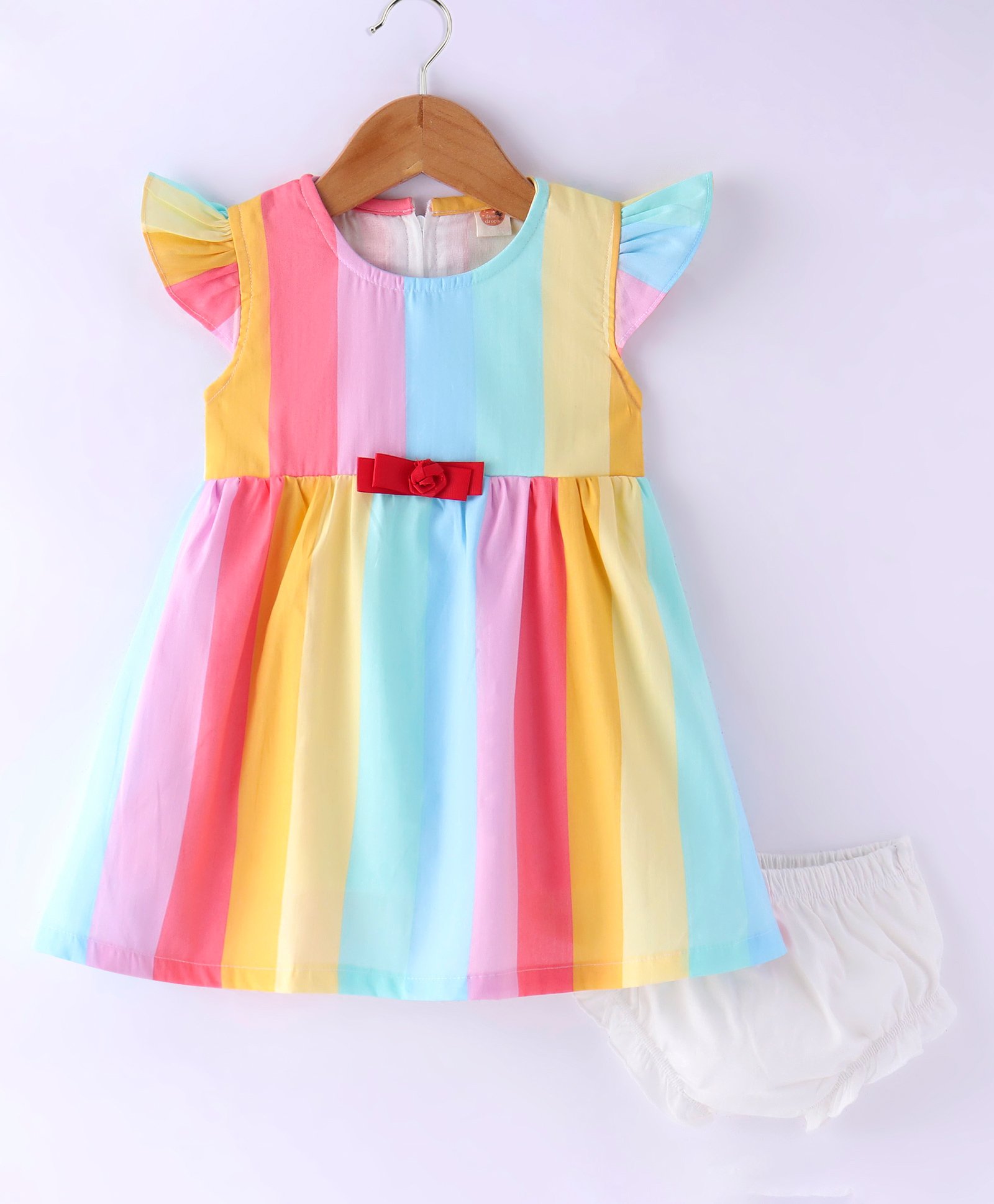 Dew Drops Poplin Woven Half Sleeves Frocks with Blommer Striped Print-Peach-picture-36