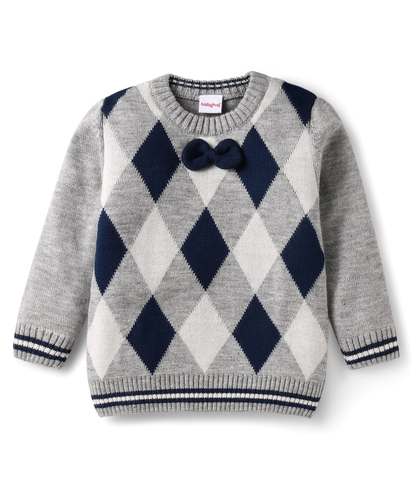 Babyhug Knitted Full Sleeves Pullover Sweater with Argyle Design & Bow Applique - Grey-image-12