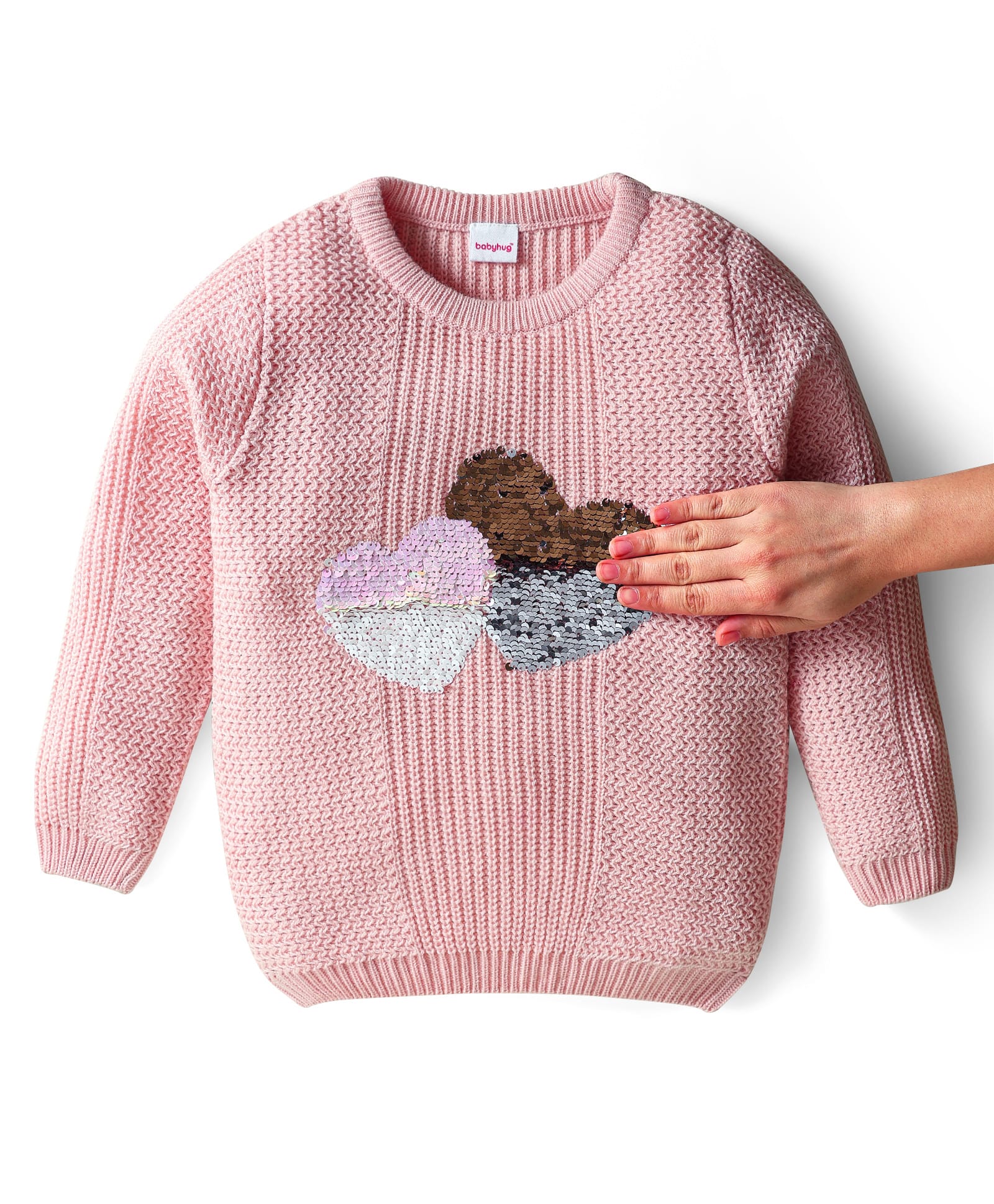 Babyhug Knit Full Sleeves Sweater With Reversible Sequins Detailing - Pink-picture-27