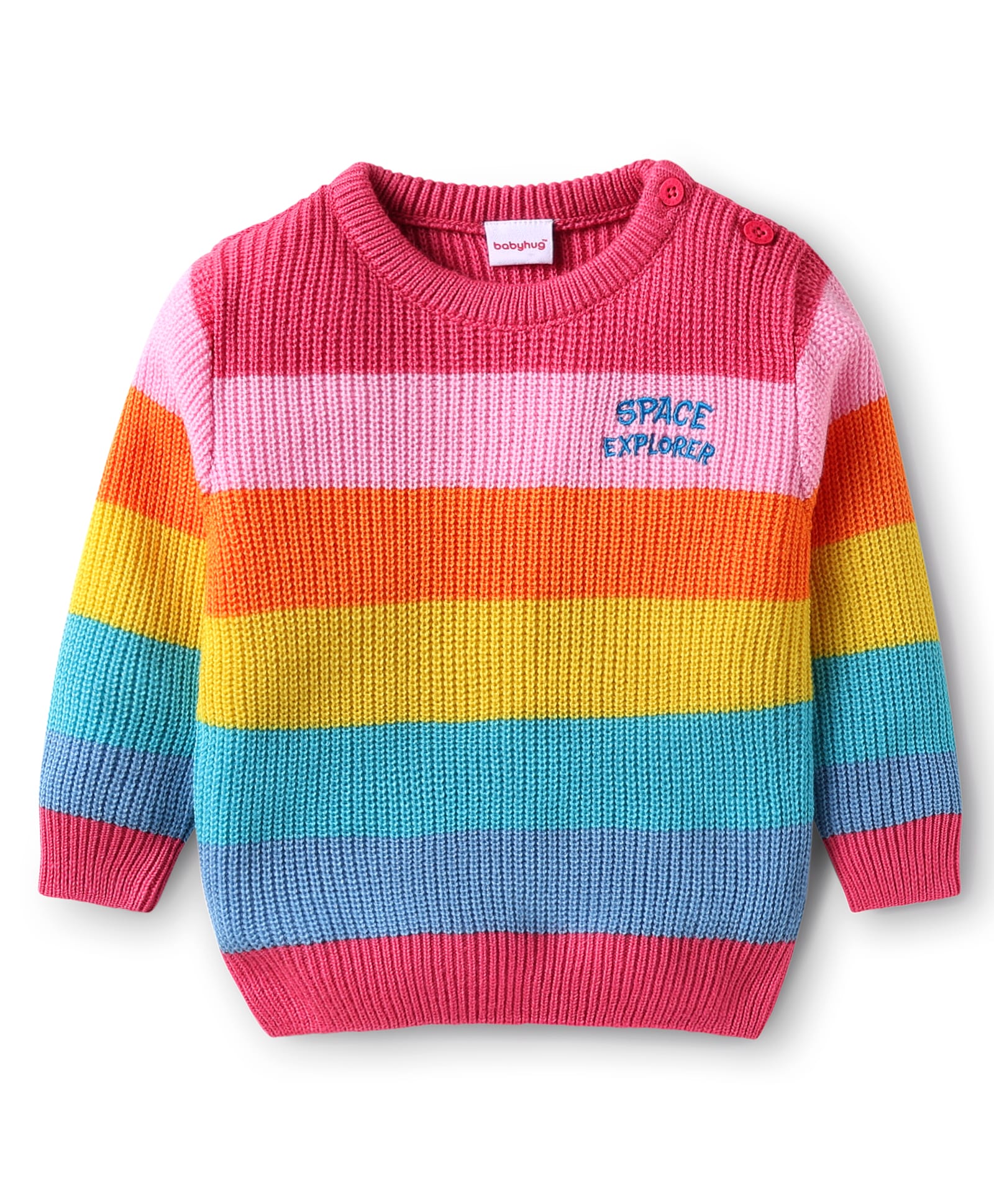 Babyhug Knitted Full Sleeves Pullovers Striped Sweater - Pink-image-2