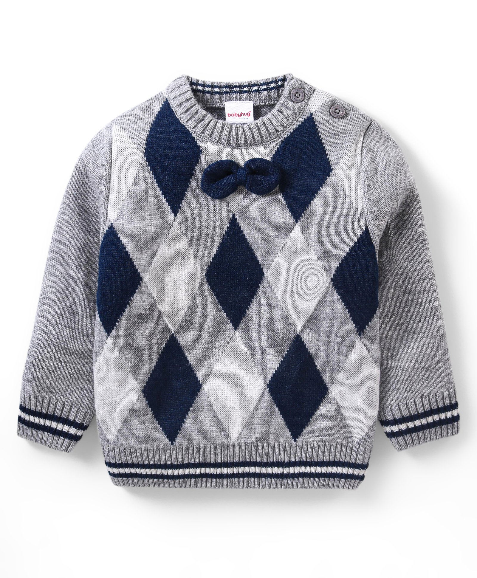 Babyhug Knit Full Sleeves Pullover Sweater Argyle Design - Grey-image-48