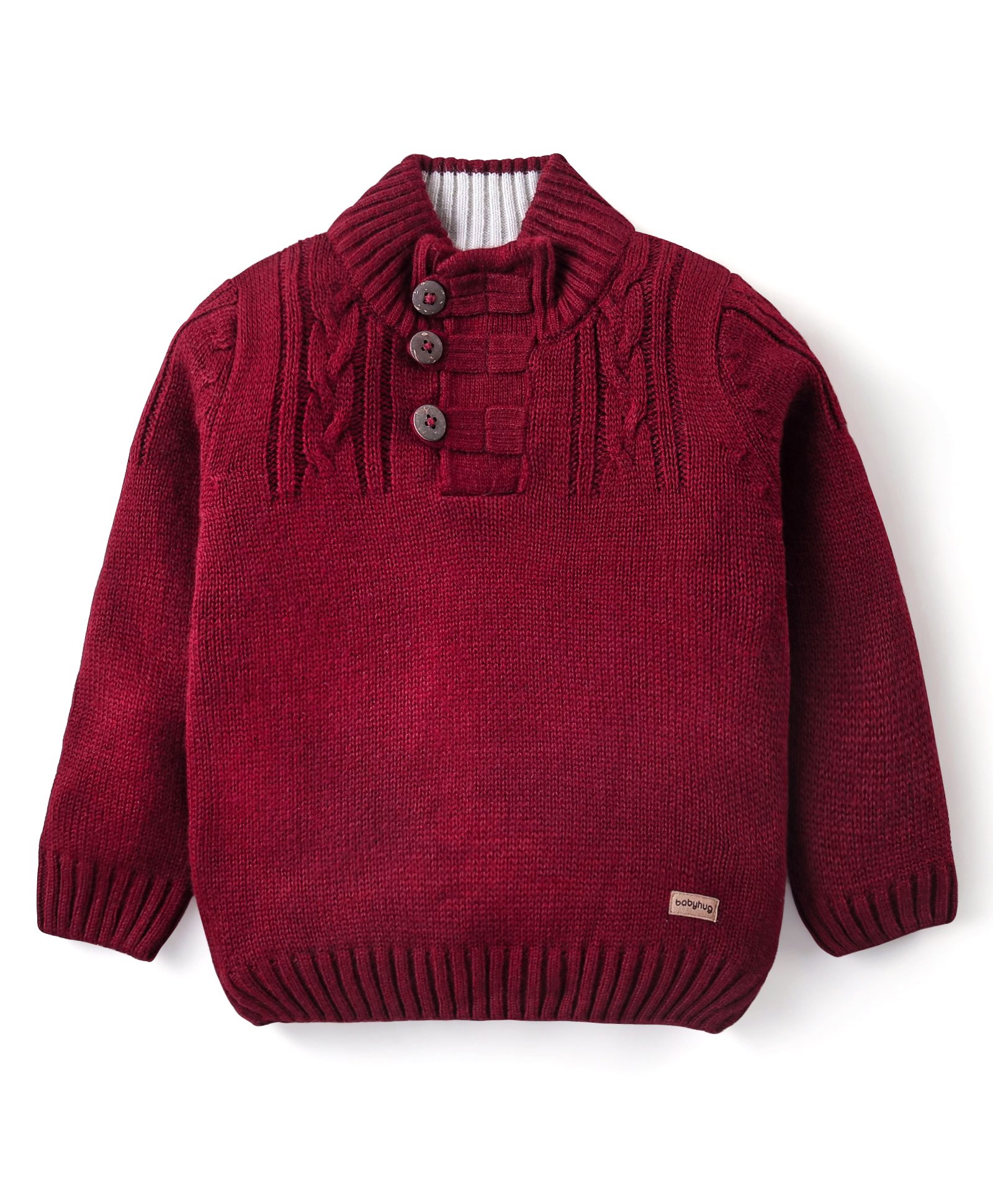 Babyhug Knitted Full Sleeves Pullover Sweater with Button & Cable Knit  Detailing - Maroon-image-29