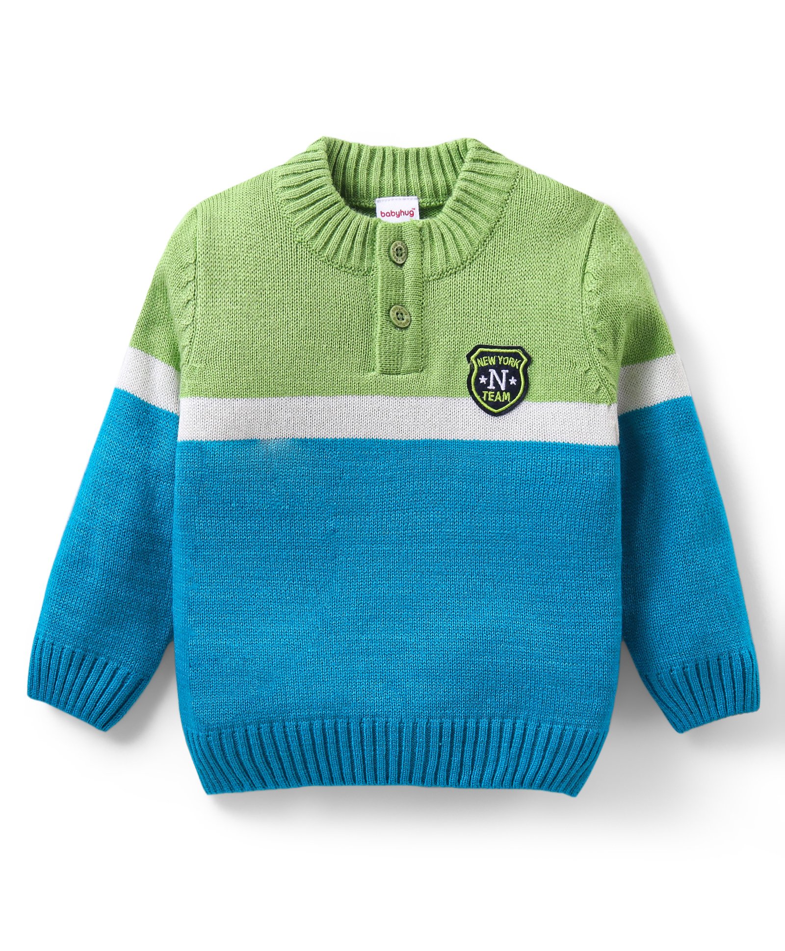 Babyhug Knitted Full Sleeves Pullover Colour Block Design Henley Sweater- Mint-image-17