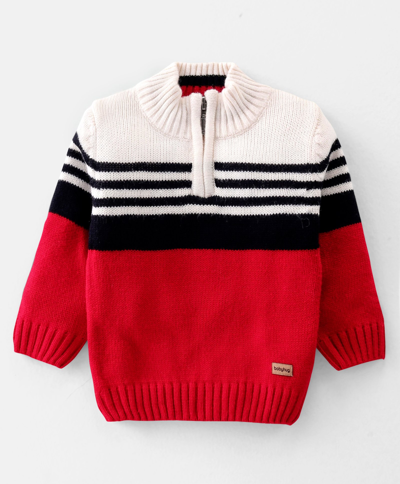 Babyhug Knitted Full Sleeves Pullover Sweater with Striped Design - Red & White-picture-25