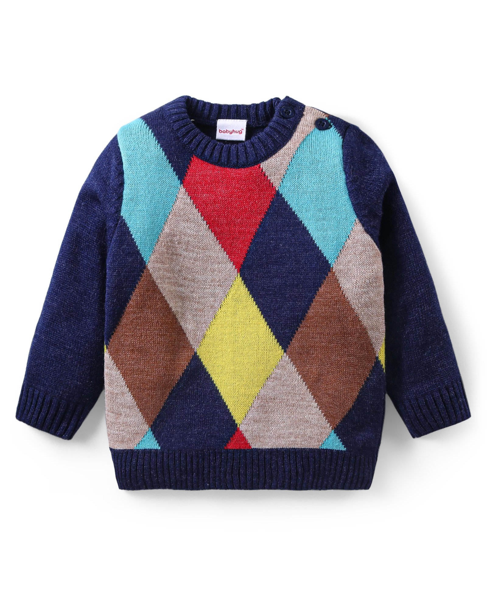 Babyhug Knit Full Sleeves Pullover Sweater Argyle Design - Multicolour-image-15