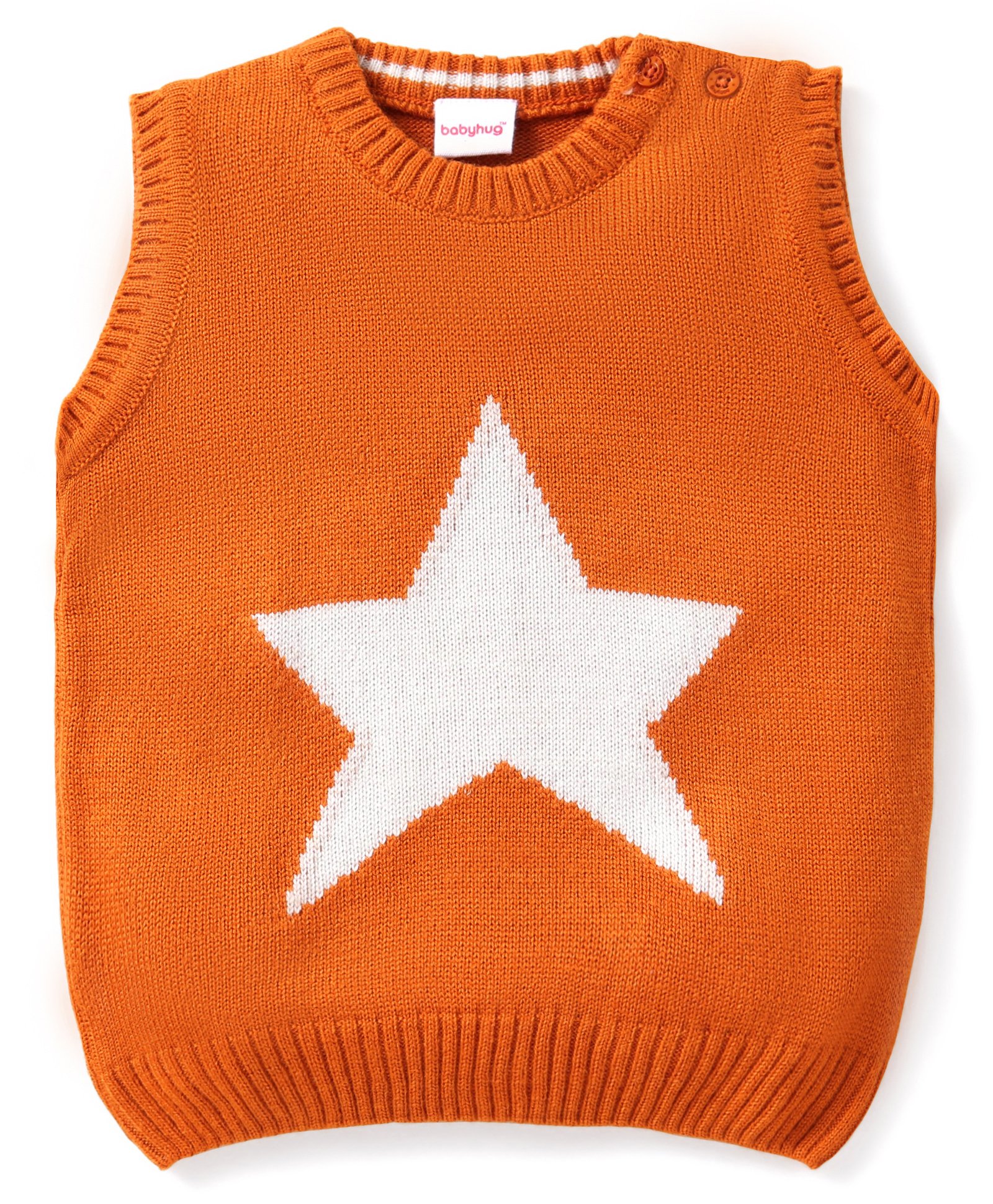 Babyhug Kitted Sleeveless Pullover Sweater with Star Design - Orange-image-36