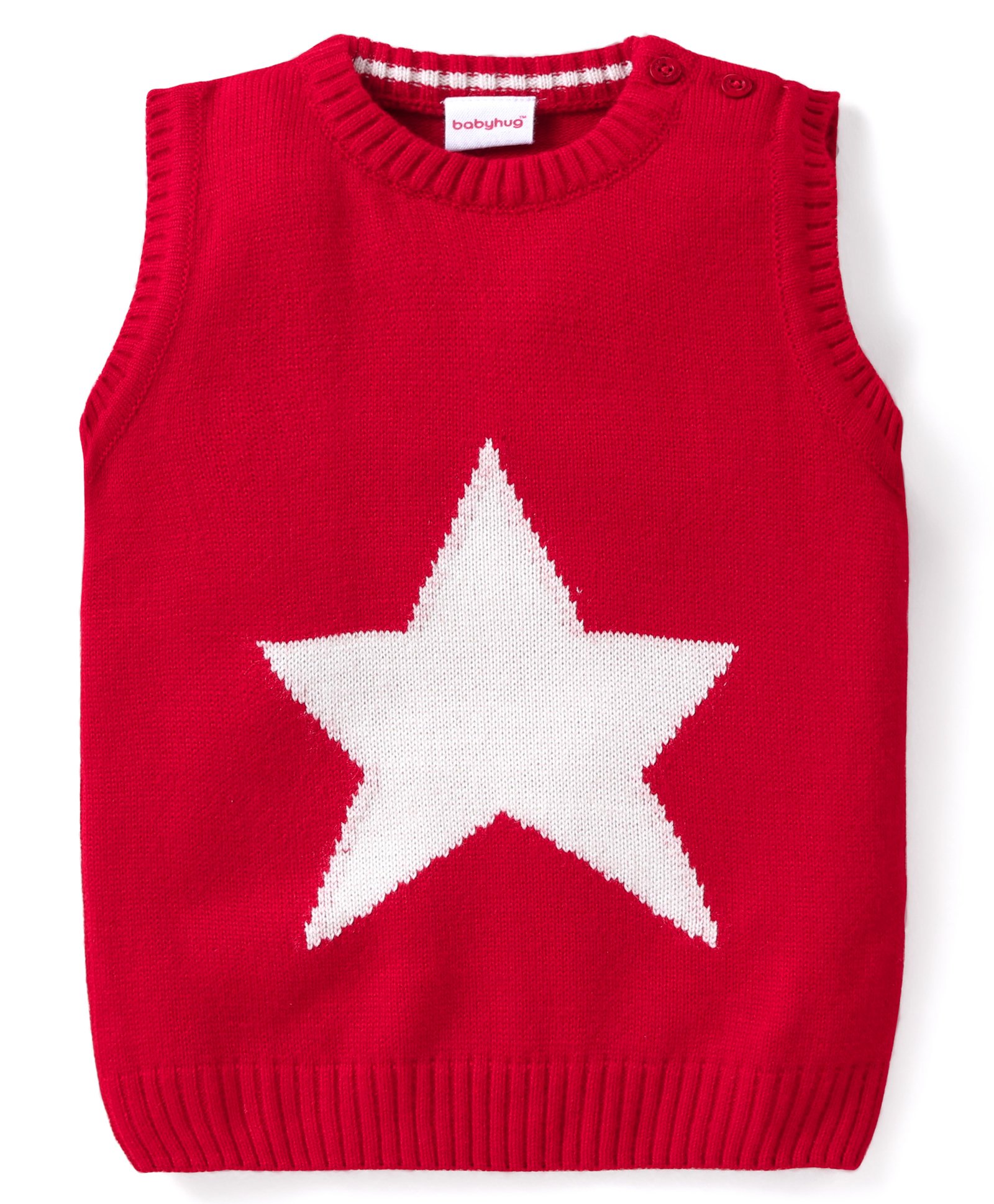 Babyhug Kitted Sleeveless Pullover Sweater with Star Design - Red-picture-22