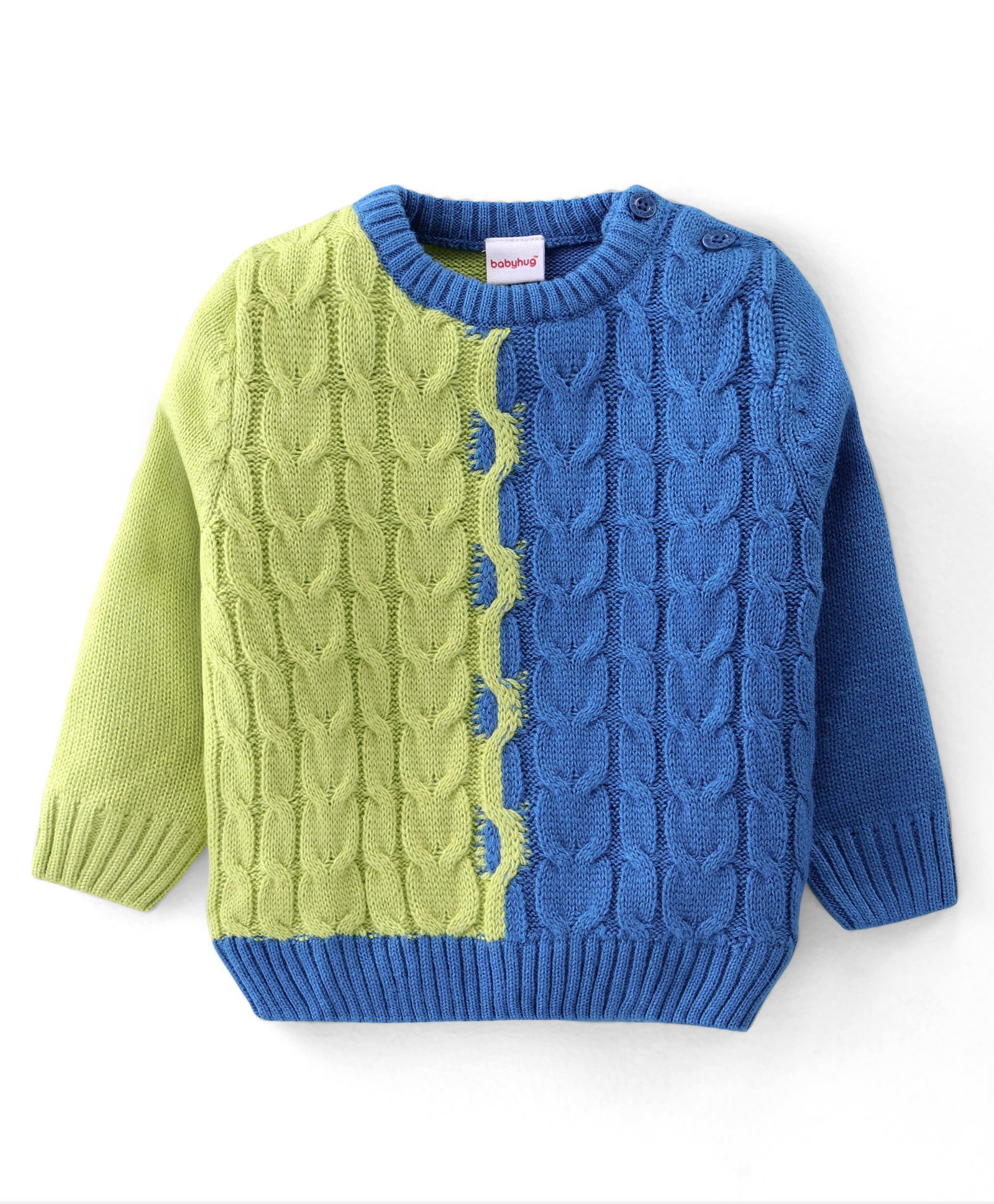 Babyhug Knitted Full Sleeves Sweater Color Block with Cable Knit Design - Green & Blue-image-11